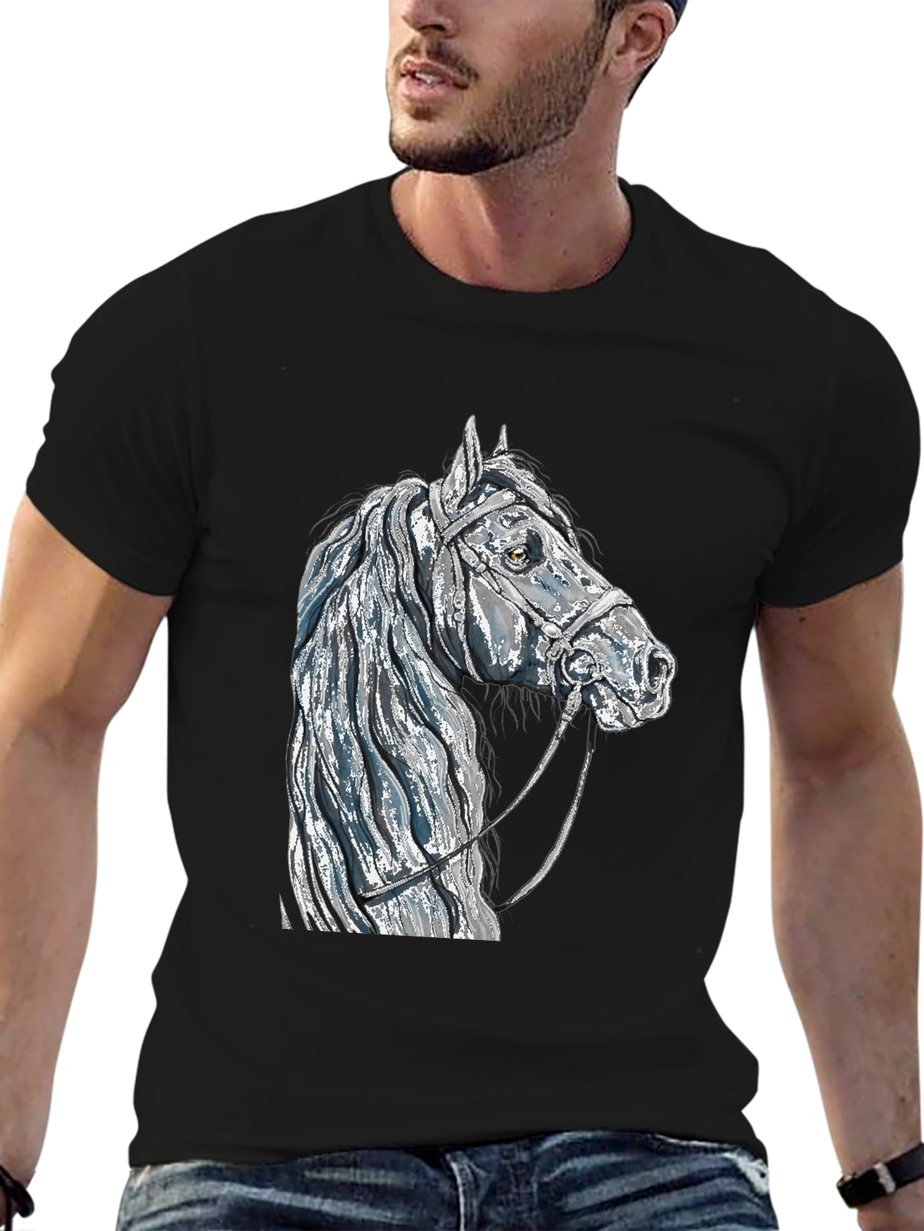 Black Horse Head Graphic Tee - Black Cotton Blend T-Shirt view 6
