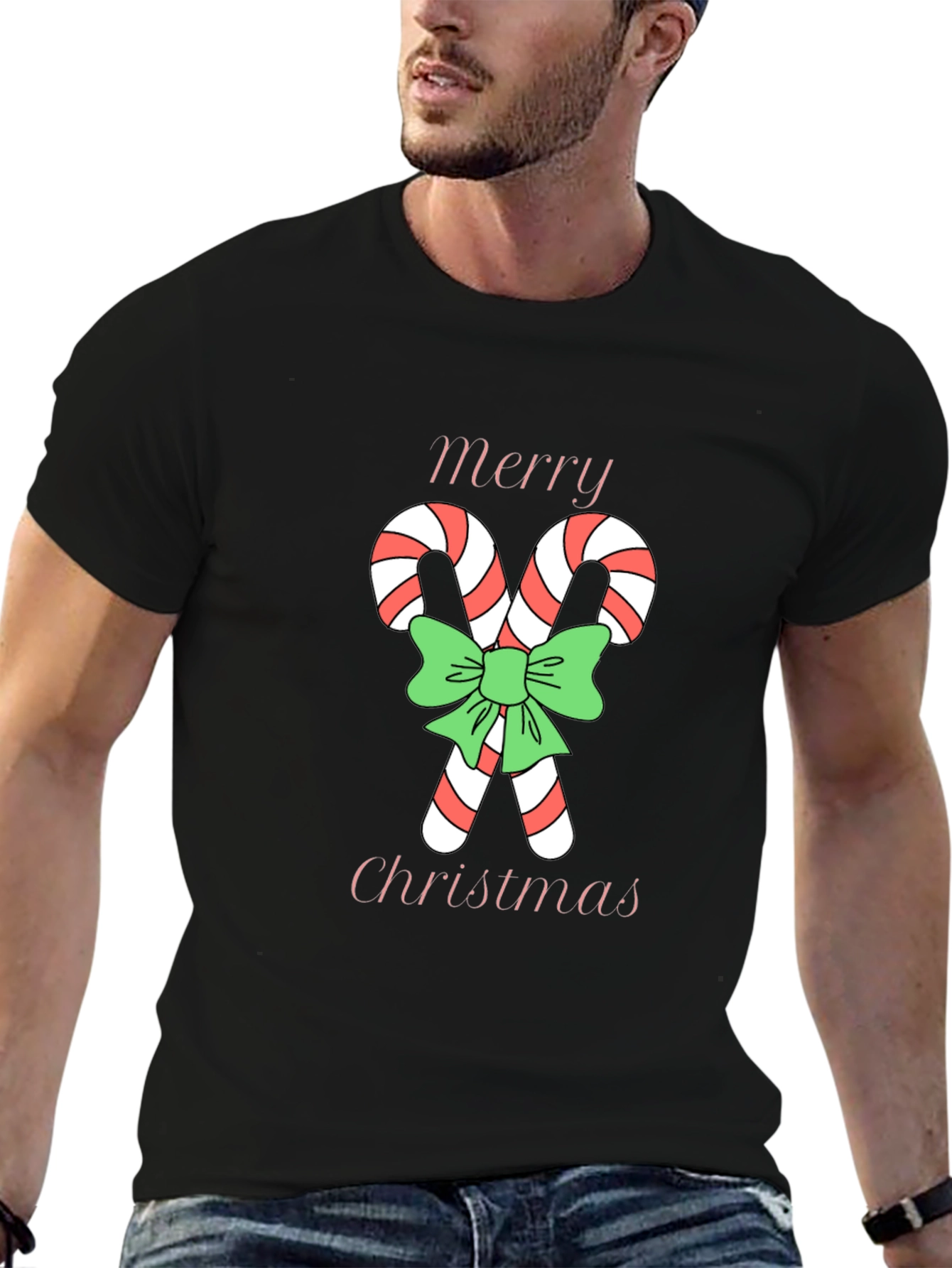 Black Festive Christmas Candy Cane T-Shirt view 6
