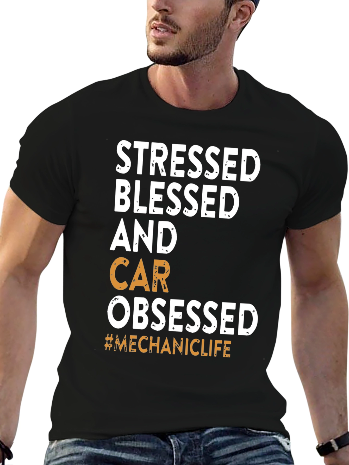 Black Stressed Blessed Car Obsessed T-Shirt view 6
