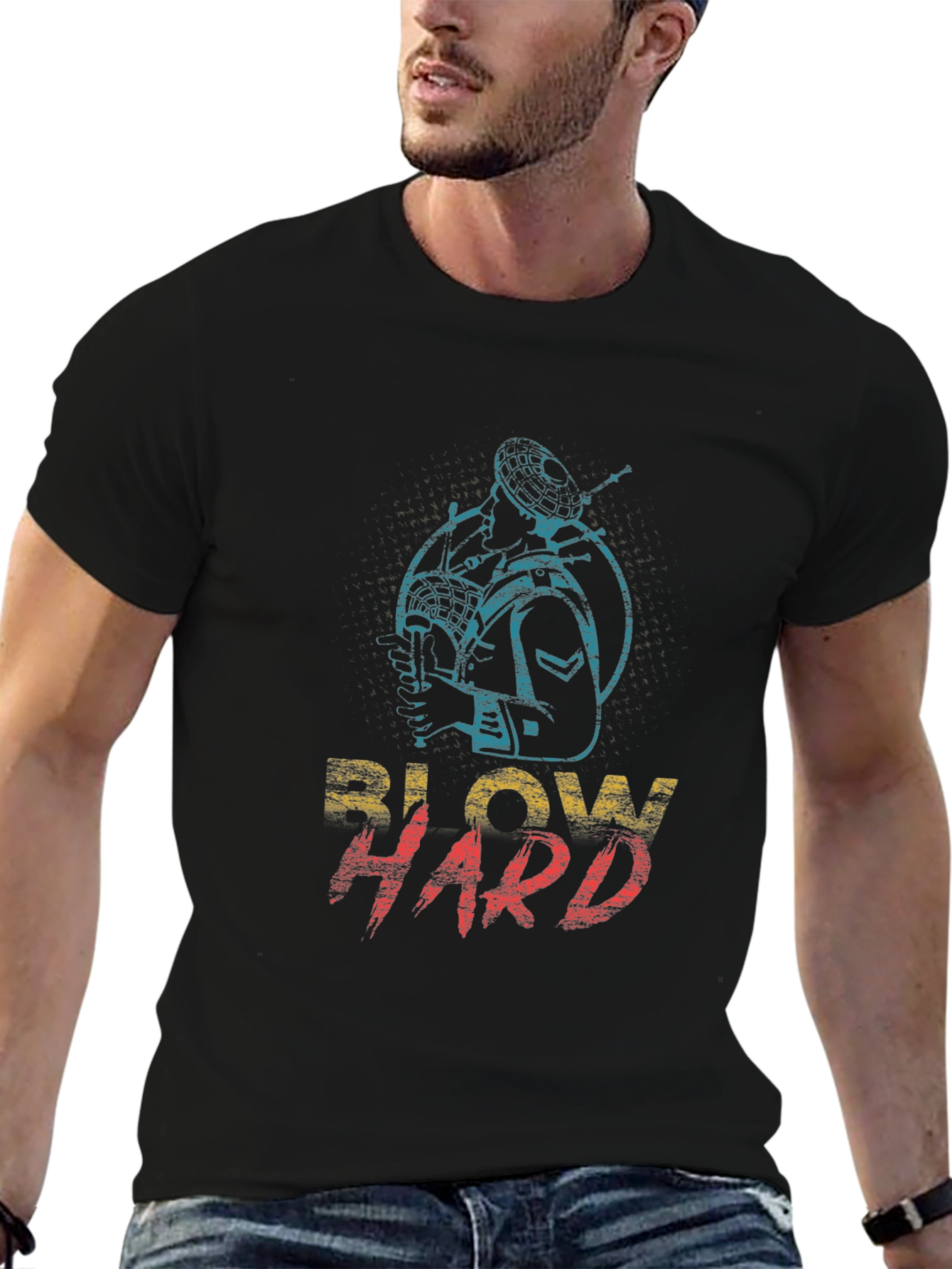 Black Blow Hard Bagpipe Graphic Tee - Novelty Musician T-Shirt view 6