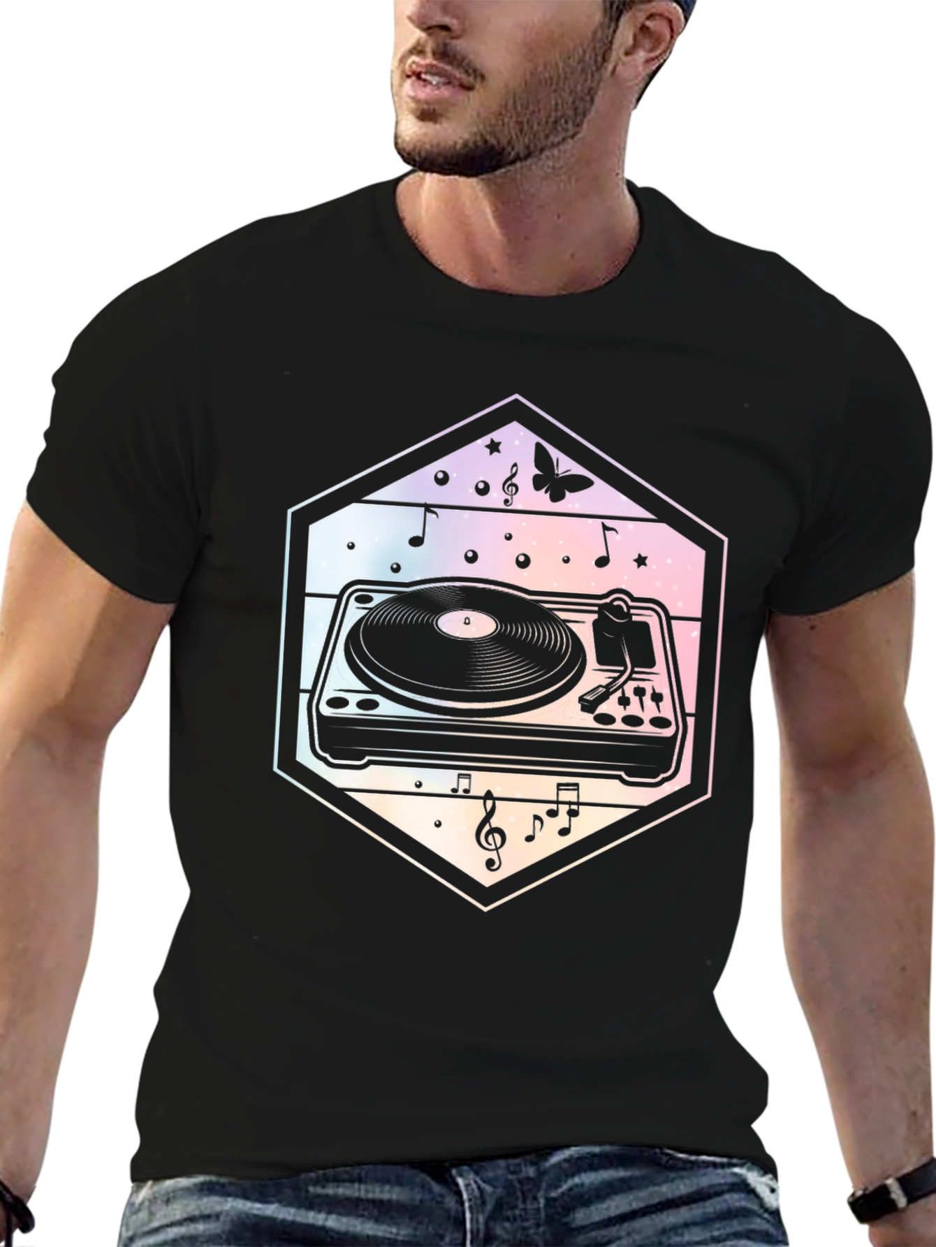 Black Retro Turntable Music T-Shirt - DJ Gift view 6