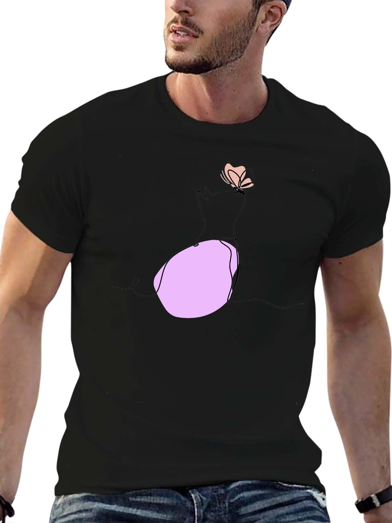 Black Minimalist Cat & Butterfly Graphic T-Shirt view 6