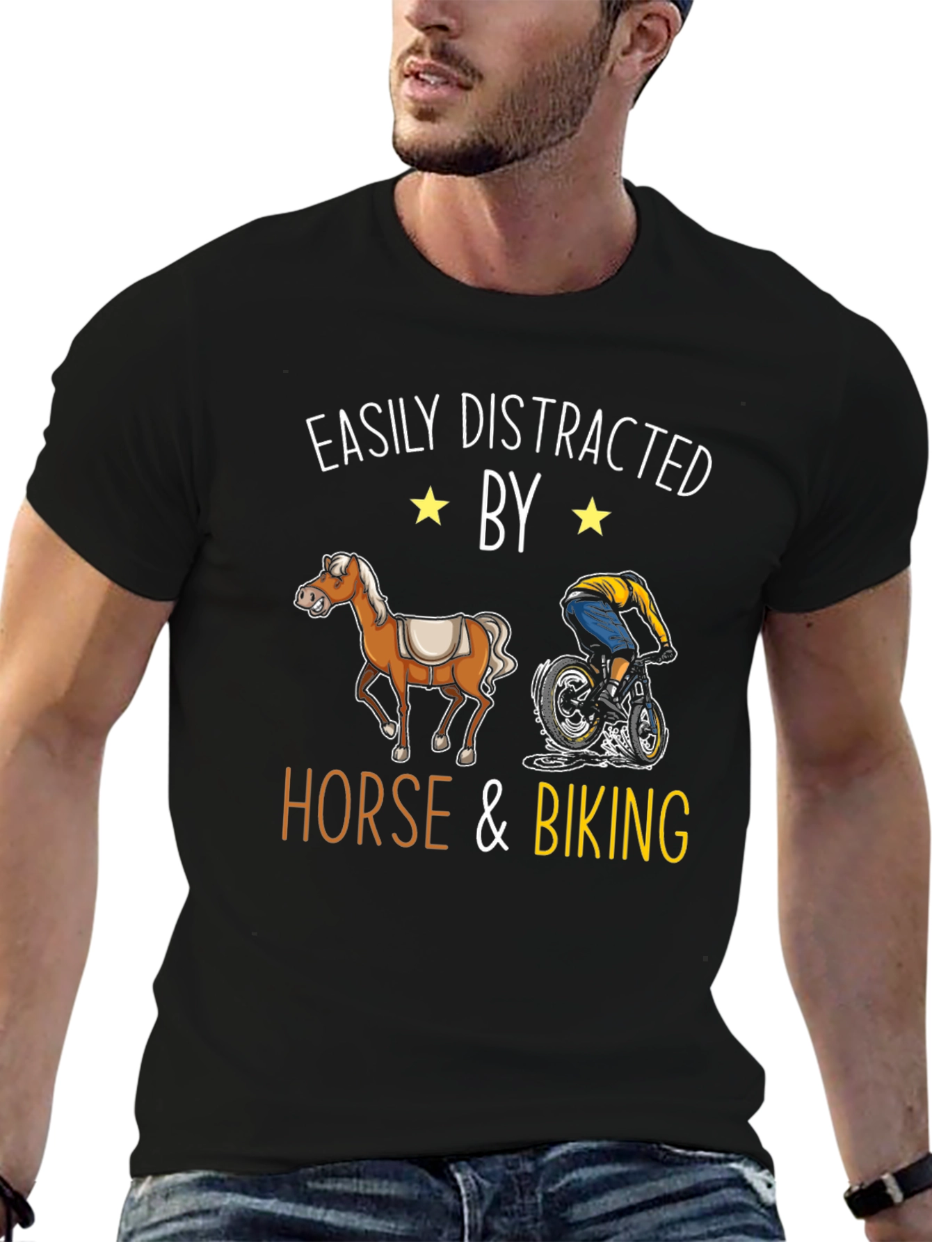 Black Easily Distracted by Horse & Biking T-Shirt view 6