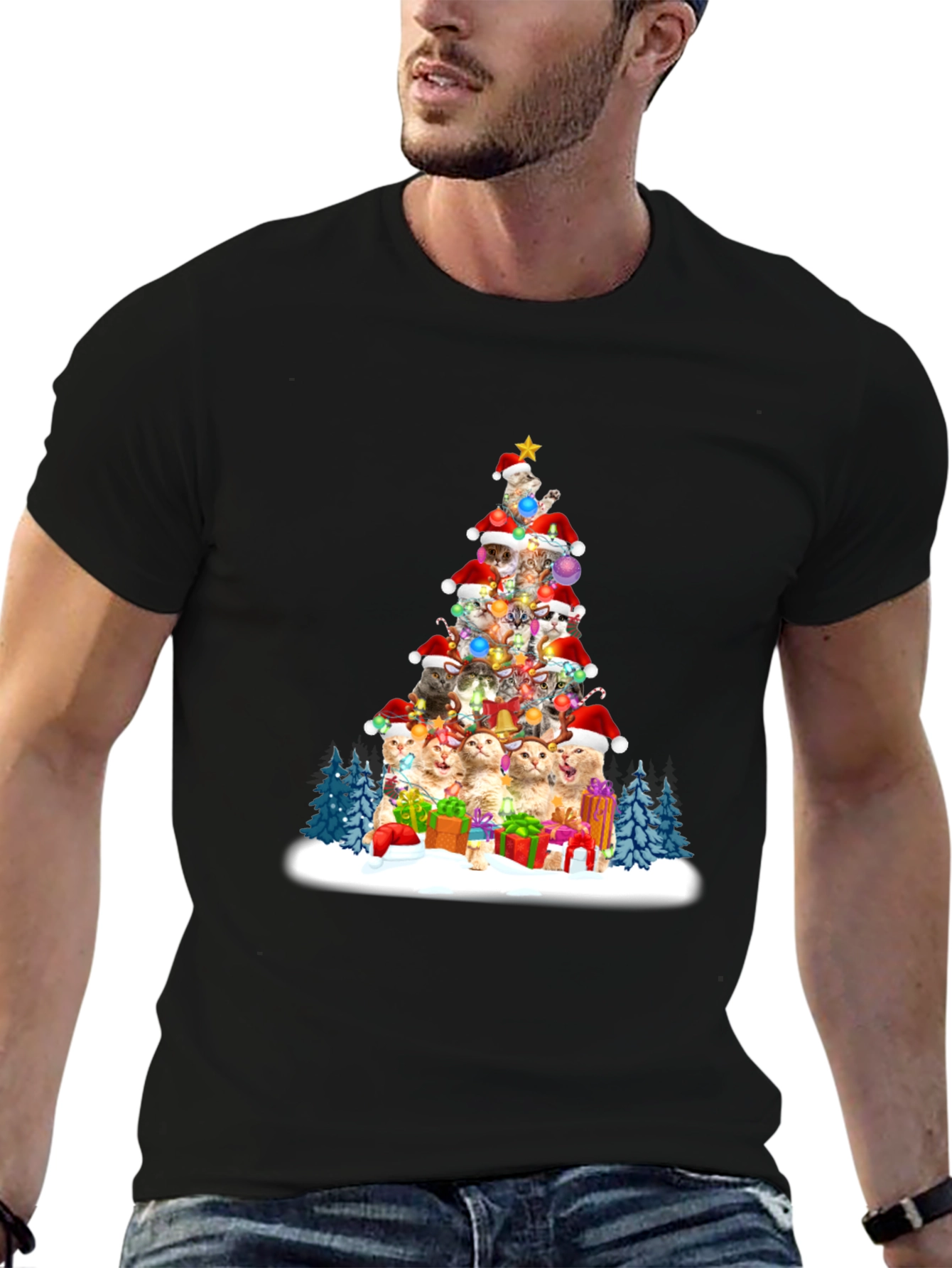 Black Festive Cat Christmas Tree T-Shirt view 6