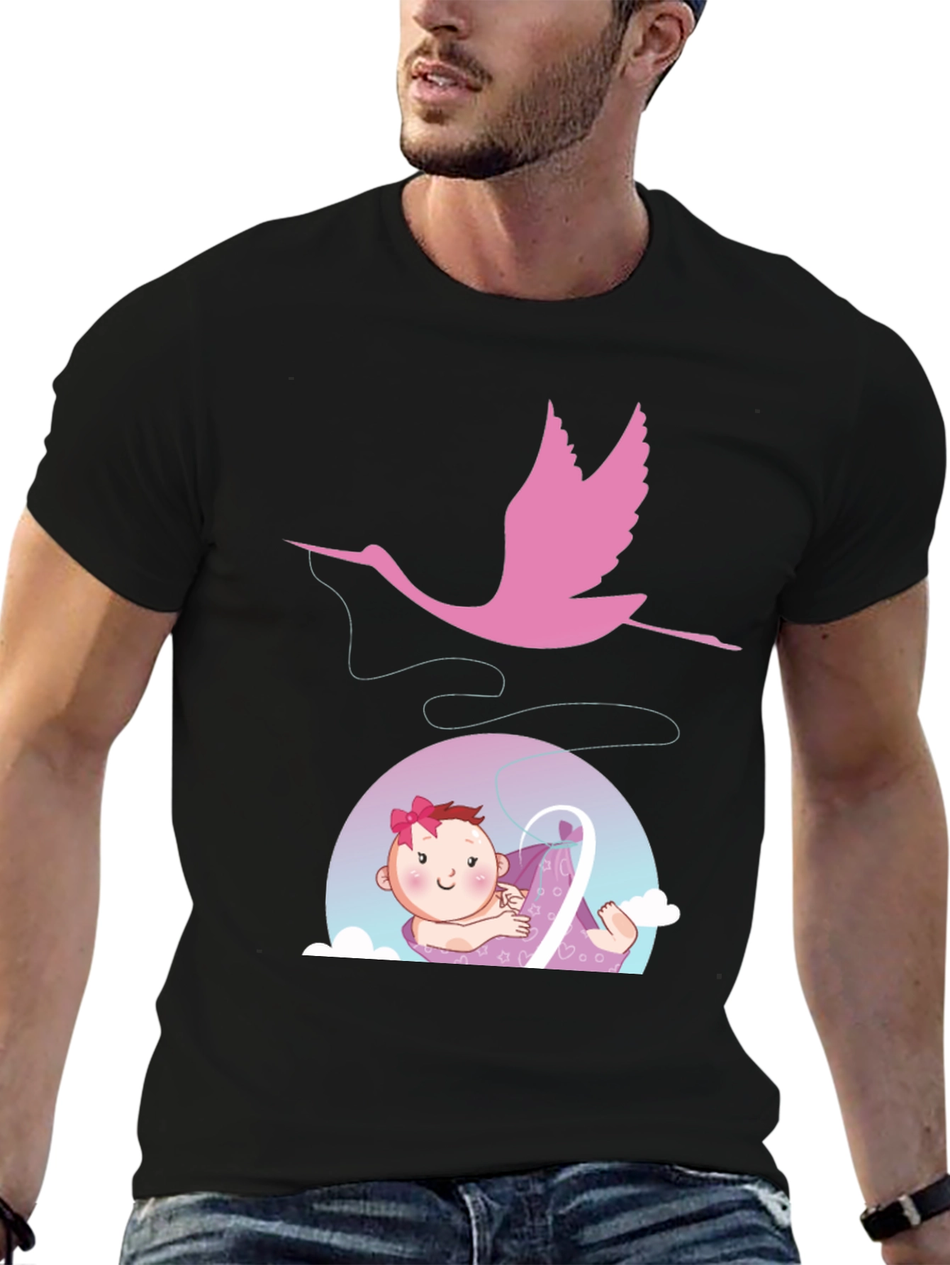 Black Cute Stork Delivering Baby T-Shirt - Black view 6