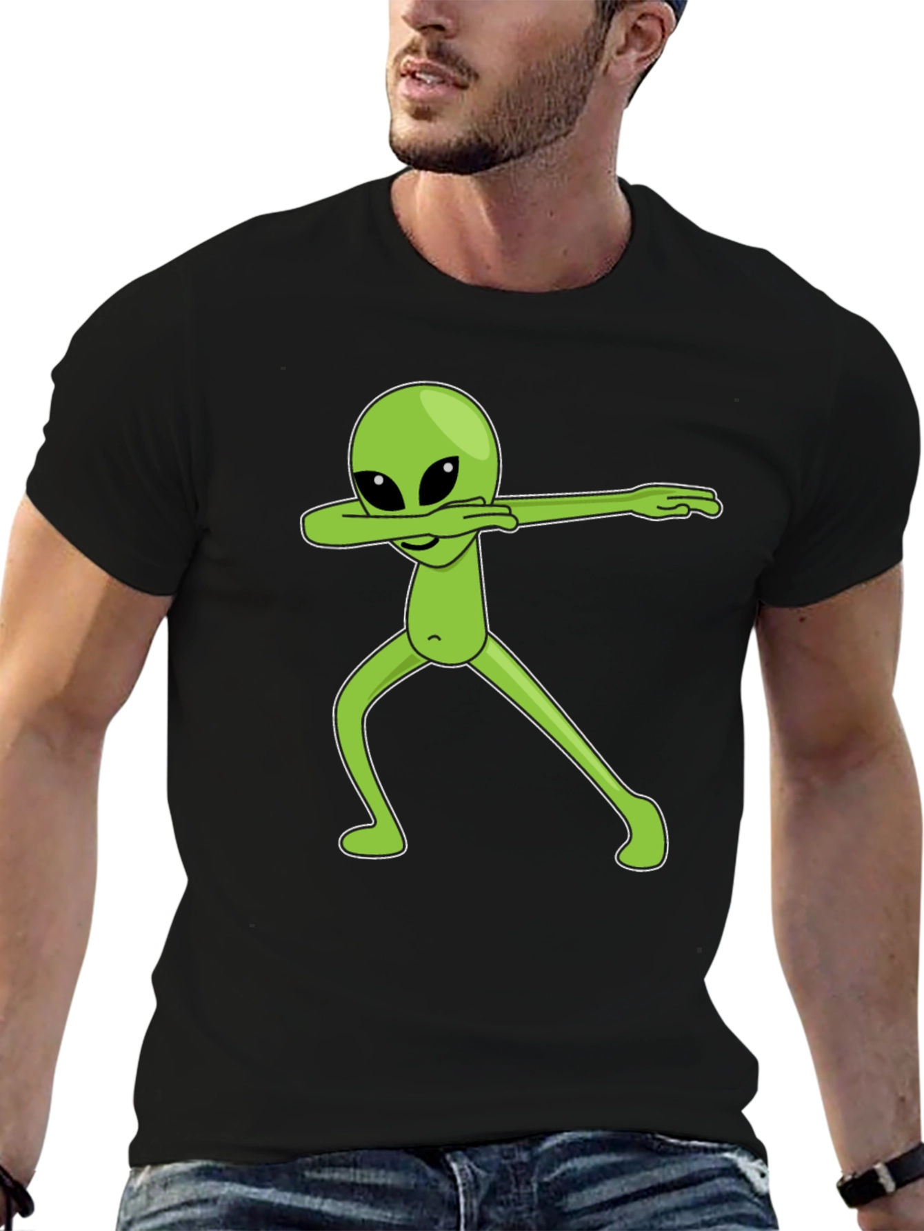 Black Dabbing Alien Graphic Tee - Black Cotton T-Shirt view 6
