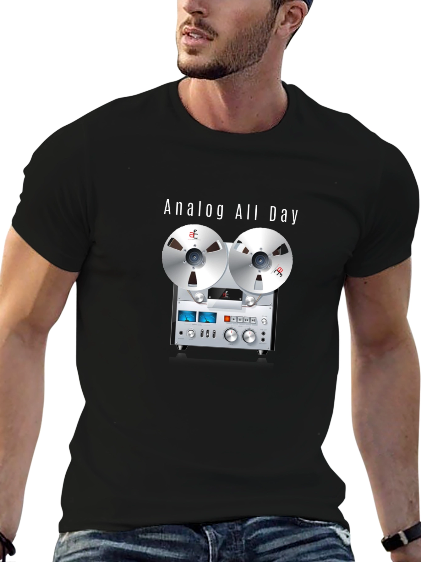 Black Analog All Day T-Shirt: Retro Reel-to-Reel Design view 6