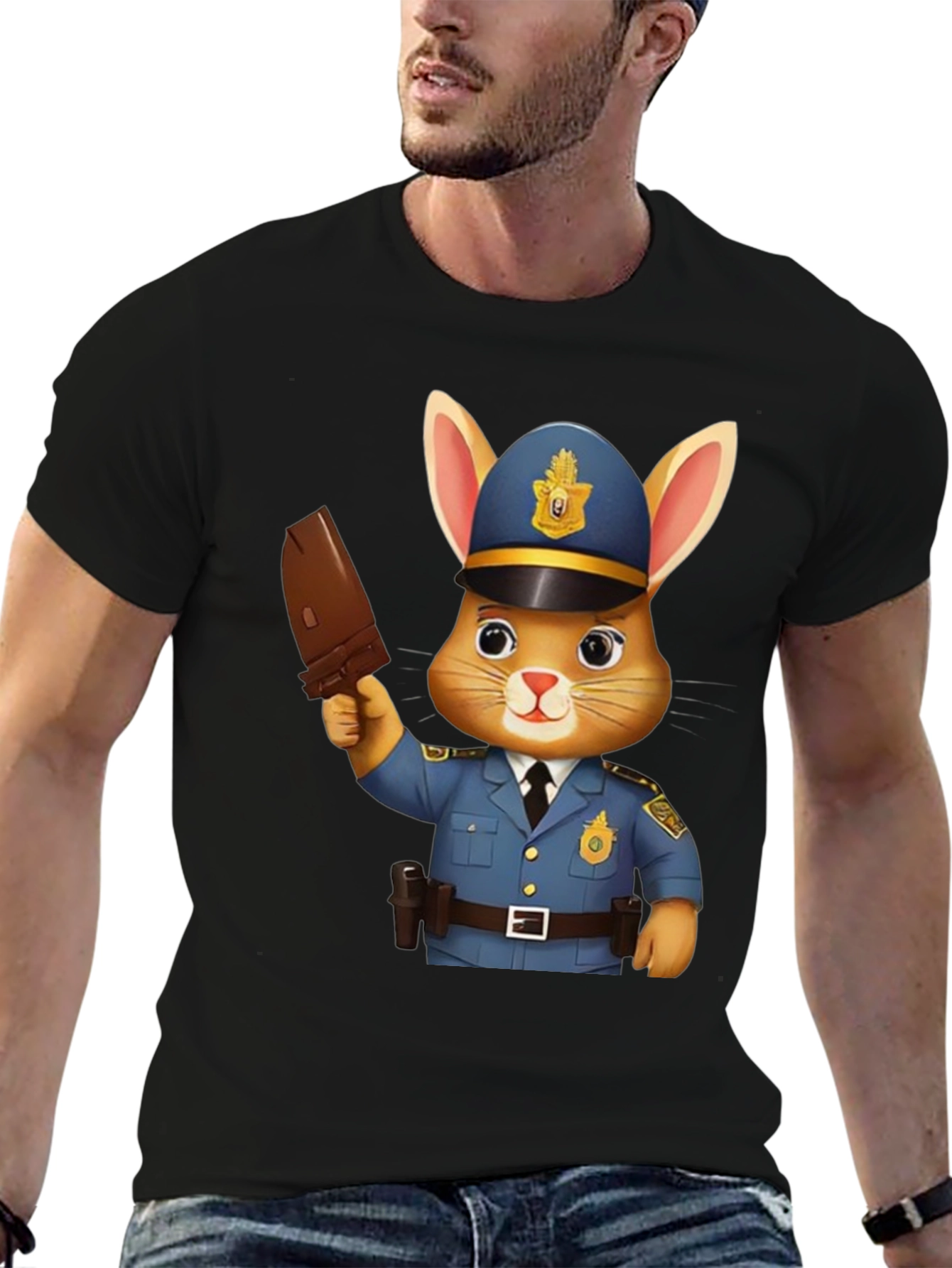 Black Bunny Cop Graphic T-Shirt - Unisex Black Tee view 6