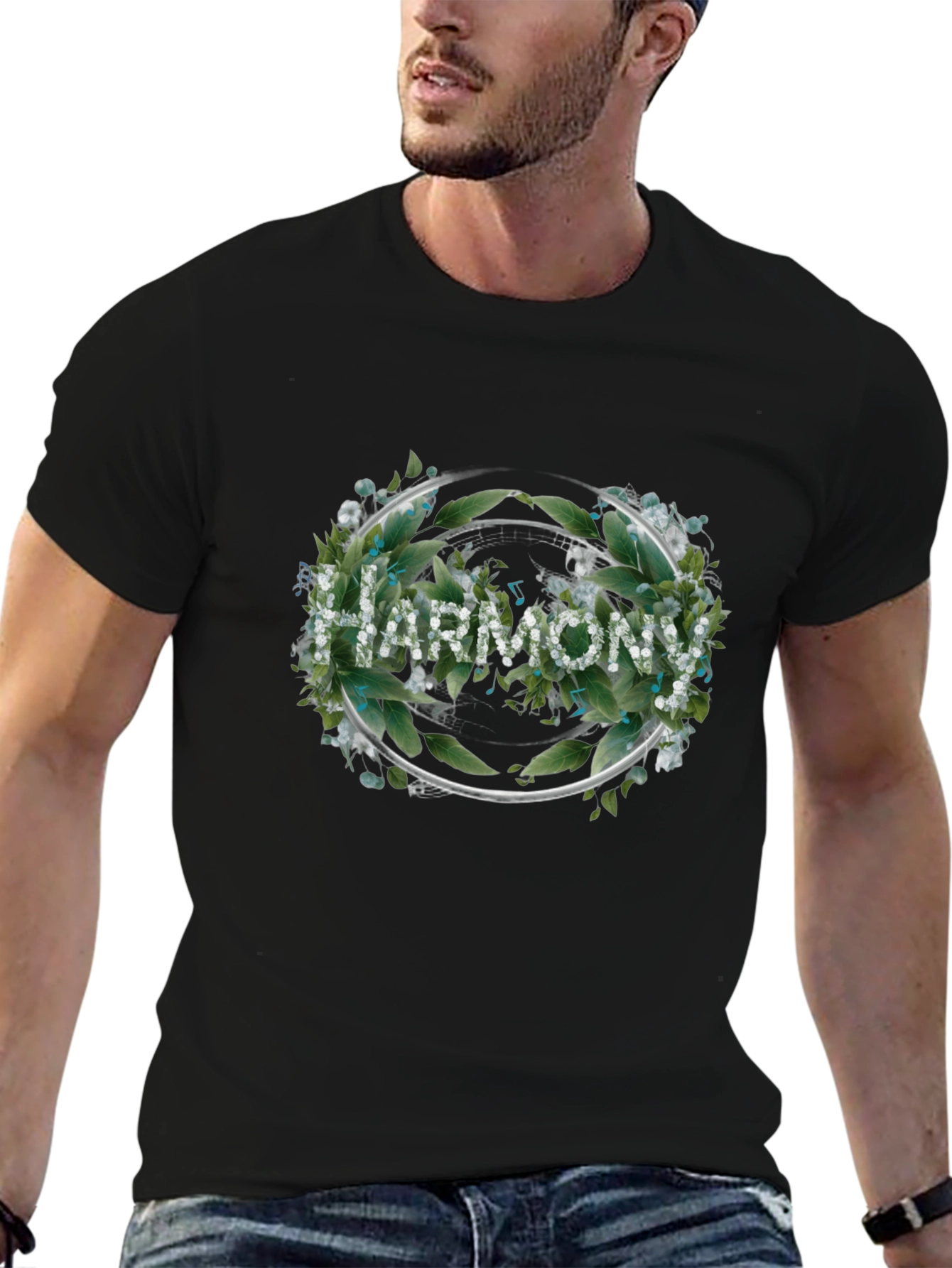 Black Harmony Floral Wreath Black T-Shirt view 6