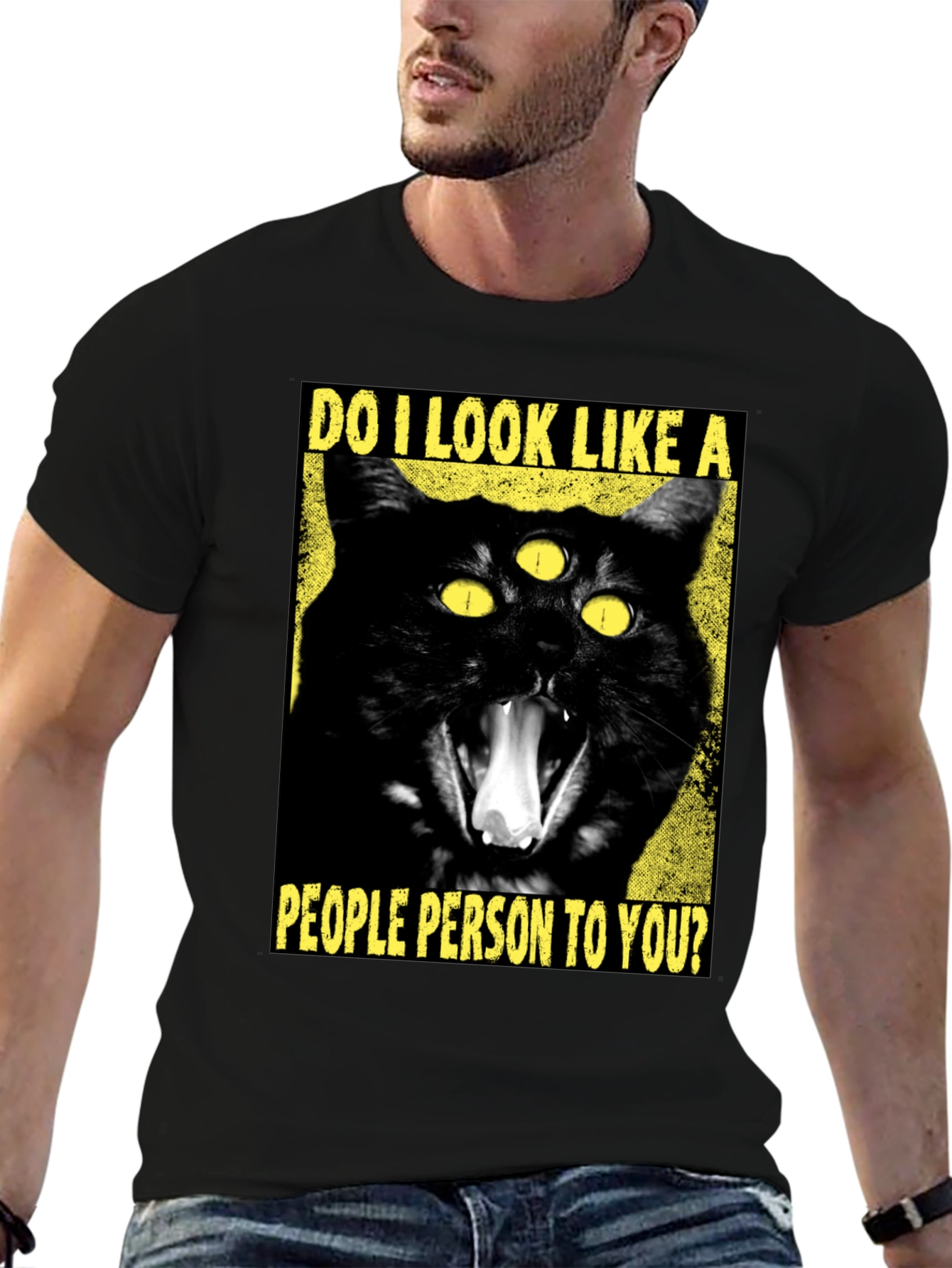 Black Three-Eyed Cat T-Shirt - "People Person" Funny Graphic Tee view 6