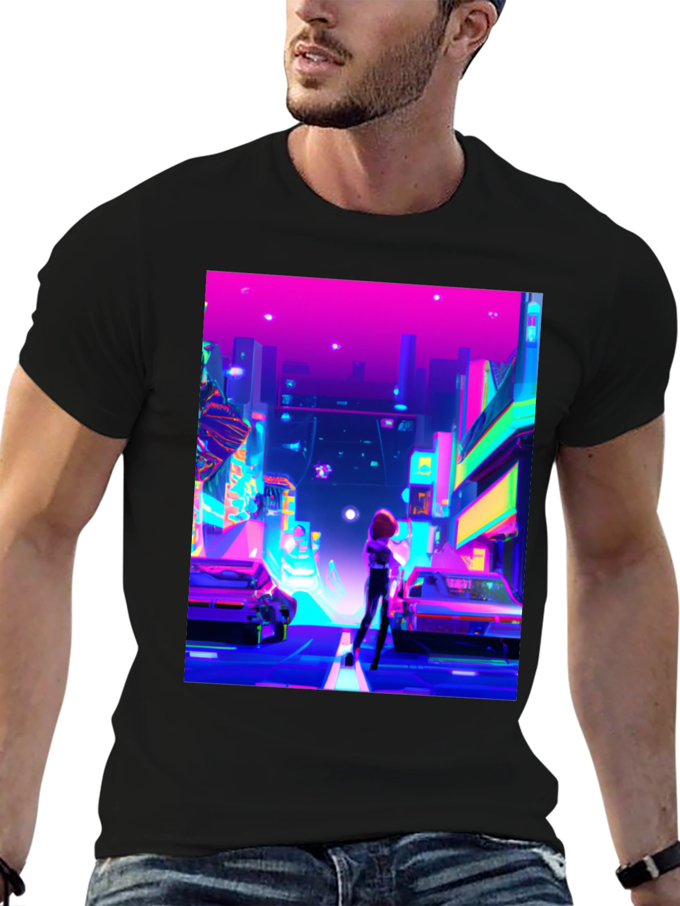 Black Neon Cityscape T-Shirt - Futuristic Style view 6