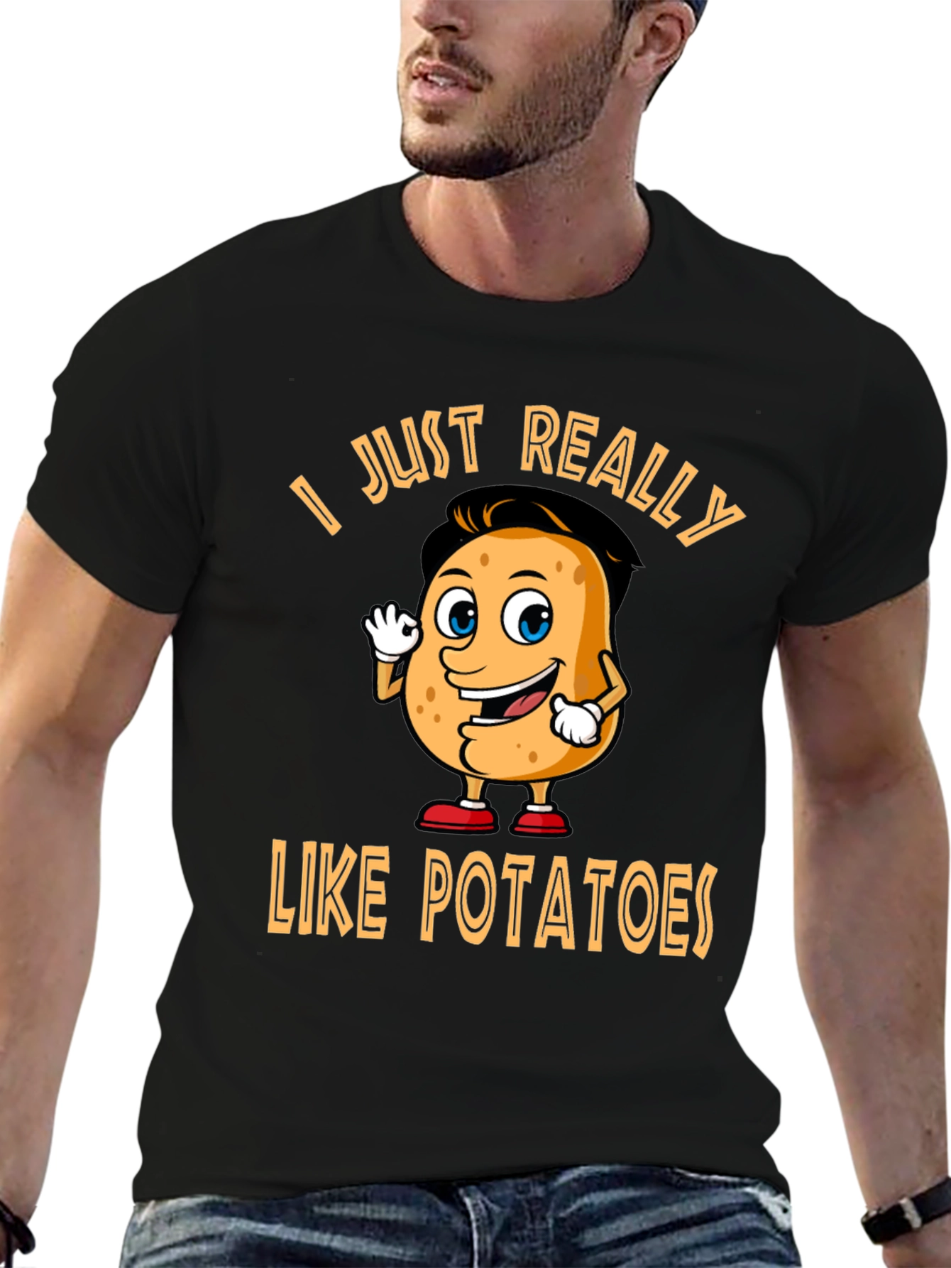 Black Funny Potato Lover T-Shirt - "I Just Really Like Potatoes" view 6