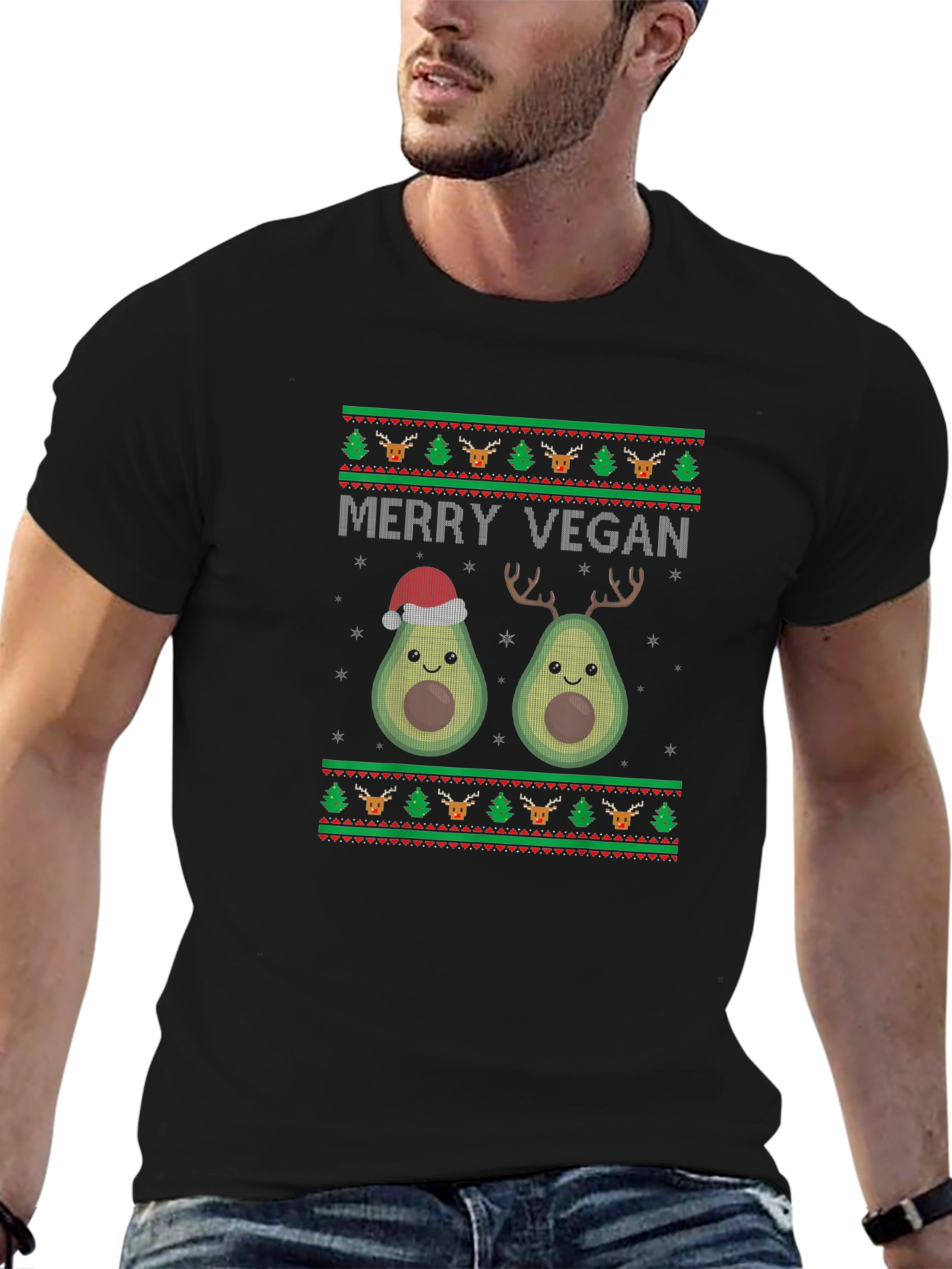 Black Merry Vegan Avocado Christmas T-Shirt view 6