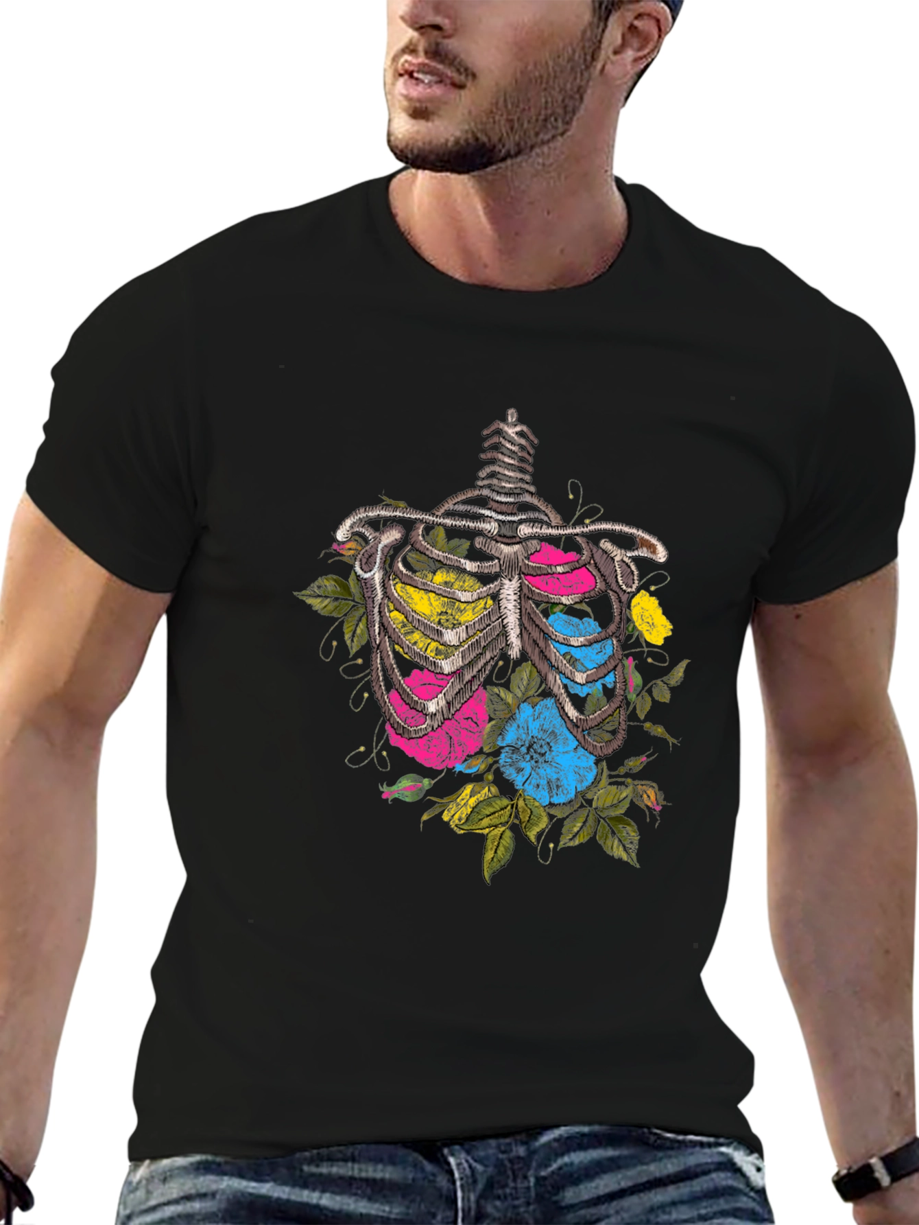 Black Floral Ribcage Graphic T-Shirt - Unique Anatomy Tee view 6