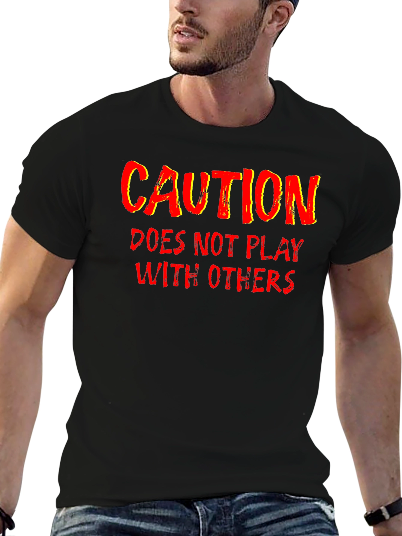 Black Caution Funny Graphic T-Shirt view 6