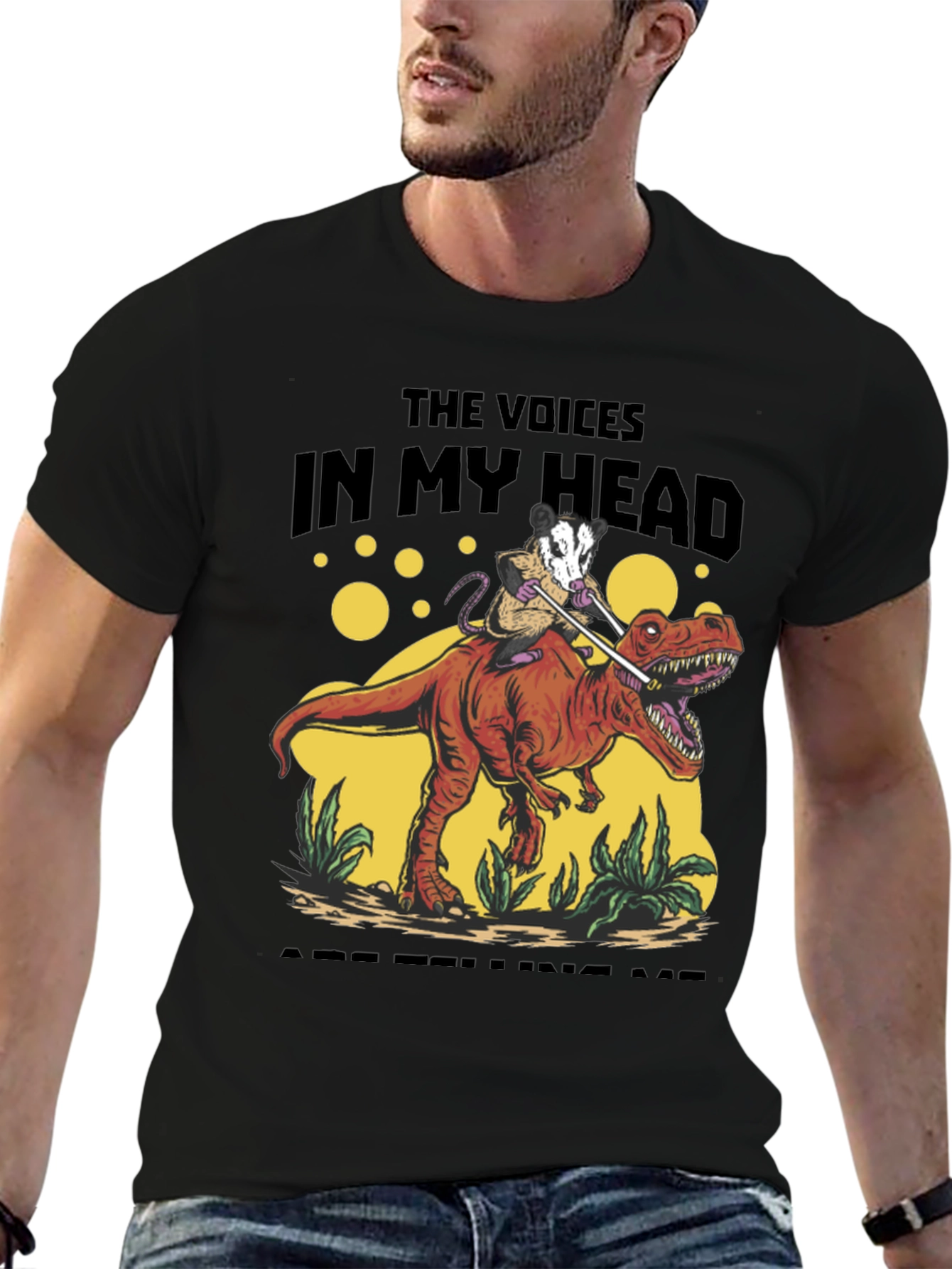 Black Opossum Riding Dinosaur T-Shirt - The Voices In My Head view 6
