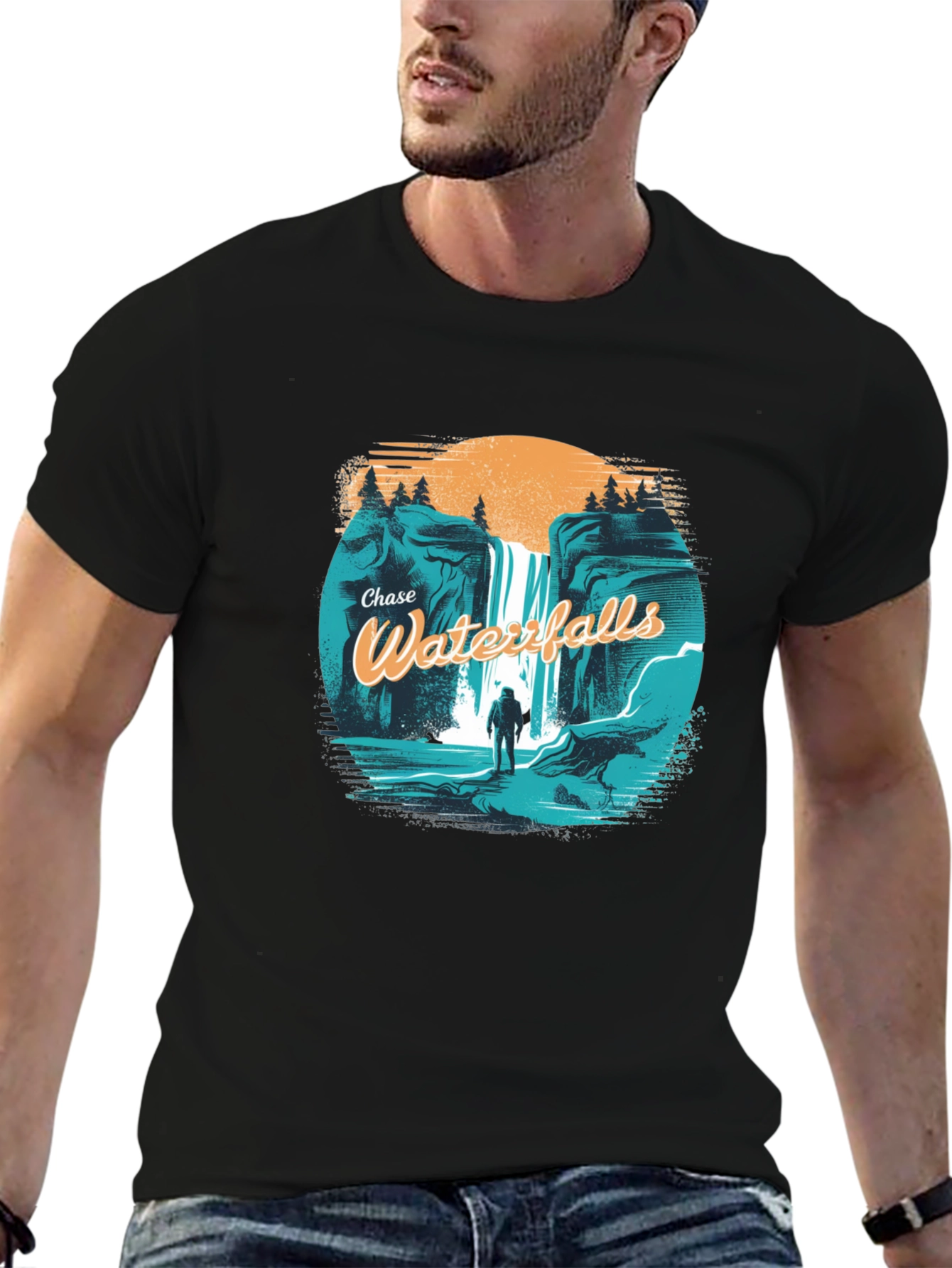 Black Chase Waterfalls Graphic Tee - Black Cotton T-Shirt view 6