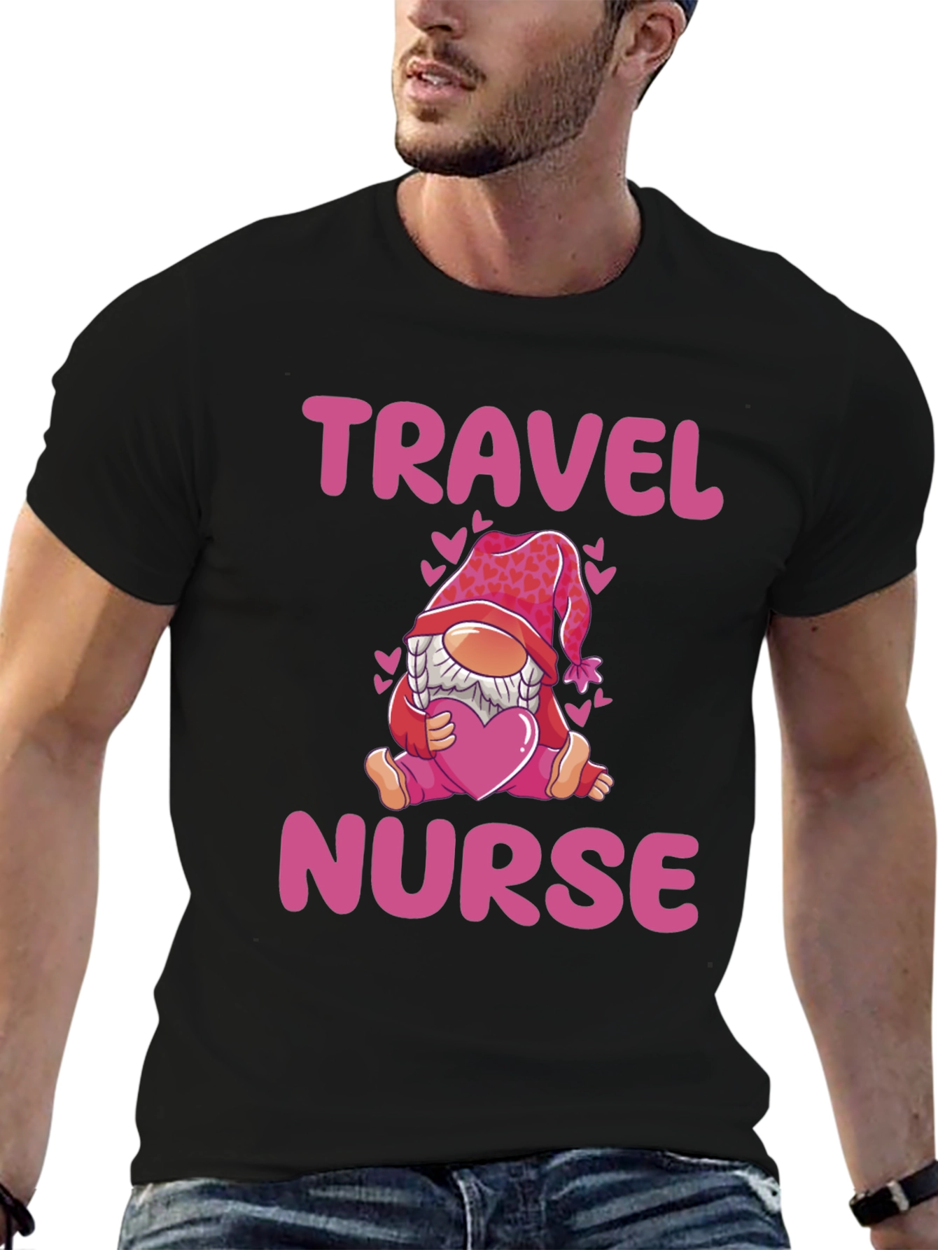 Black Travel Nurse Gnome T-Shirt - Valentine's Day Gift view 6
