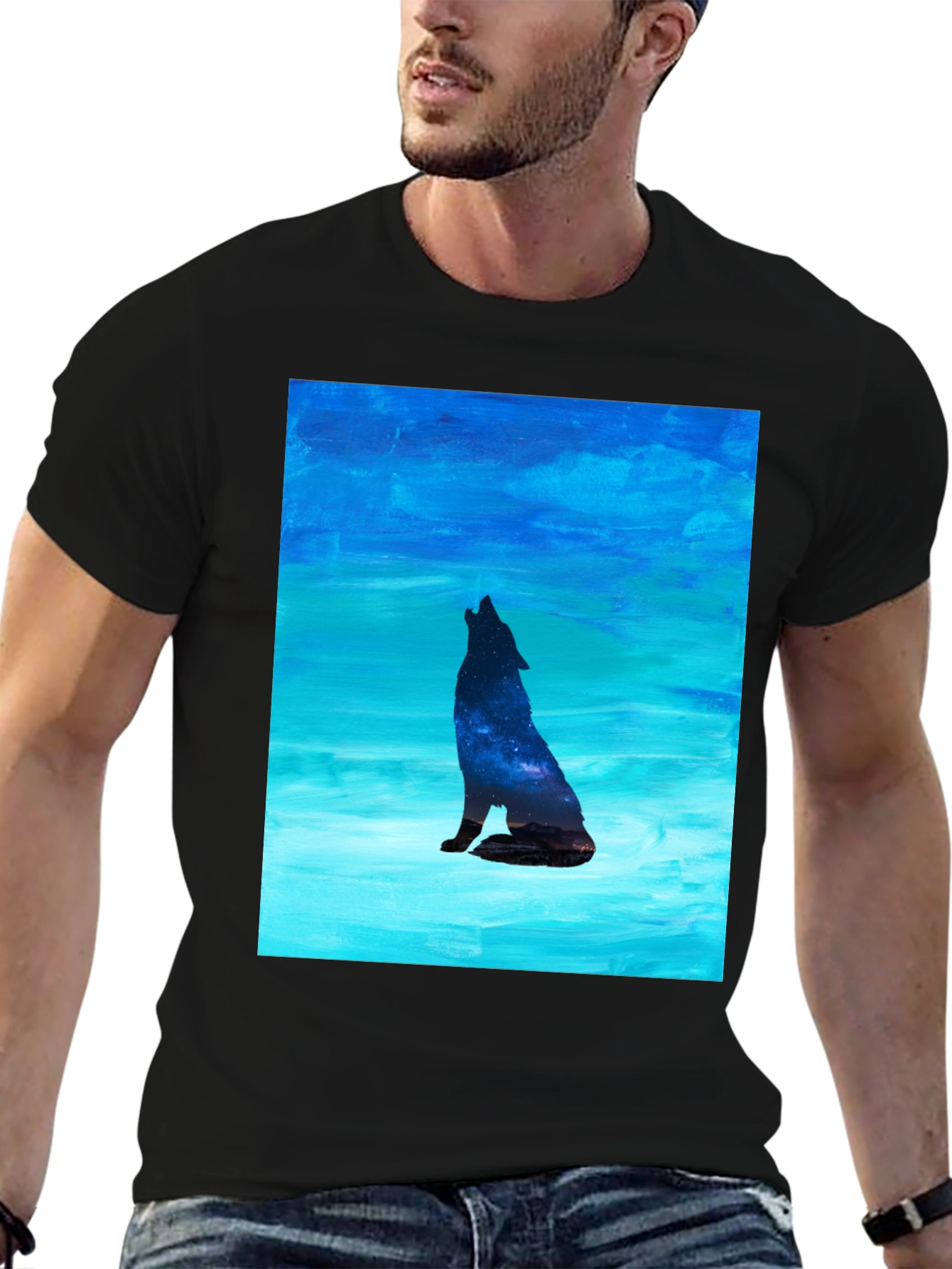 Black Howling Wolf Galaxy Print Black T-Shirt view 6