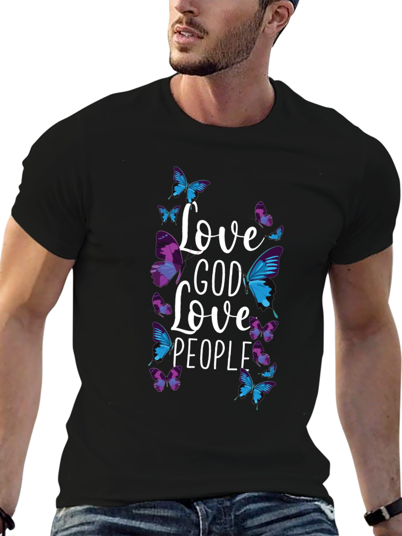 Black Love God Love People Butterfly Graphic Tee view 6