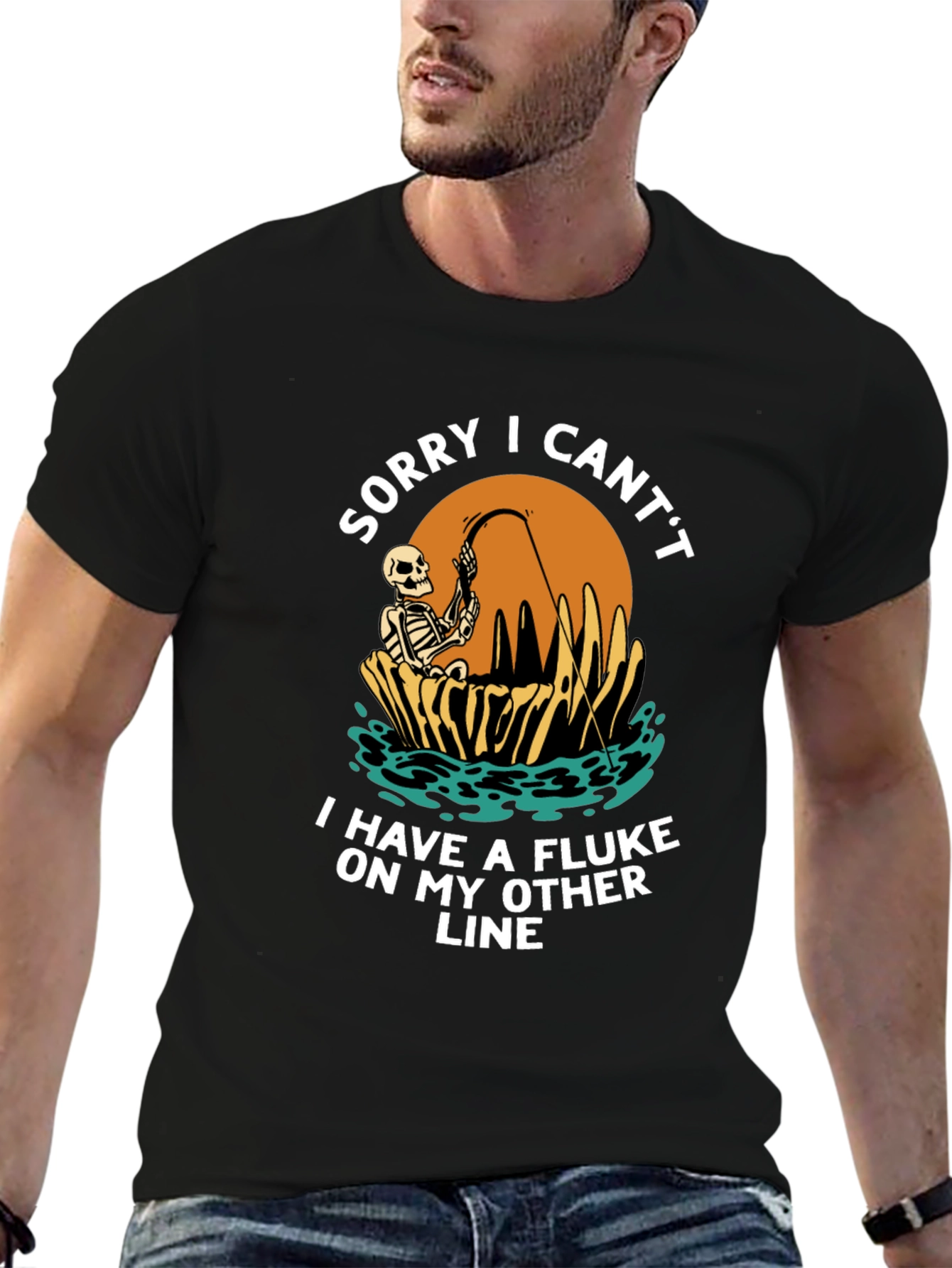 Black Funny Fishing Skeleton T-Shirt - Sorry I Can't view 6
