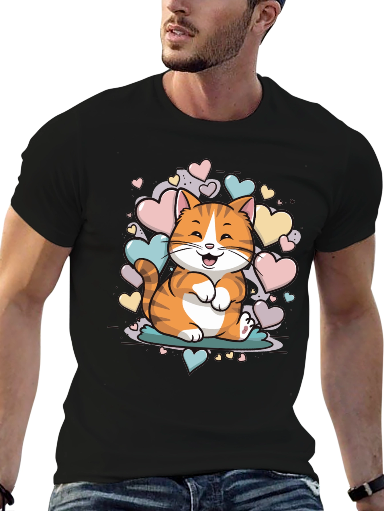 Black Cute Cat with Hearts Graphic Tee - Unisex Black T-Shirt view 6