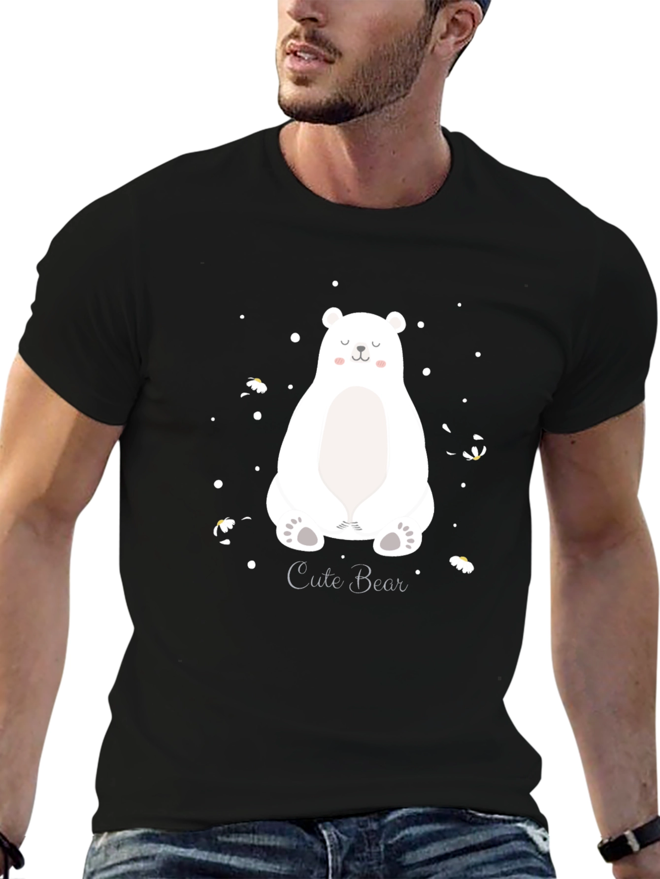 Black Cute Bear Graphic Print Men's Black T-Shirt view 6