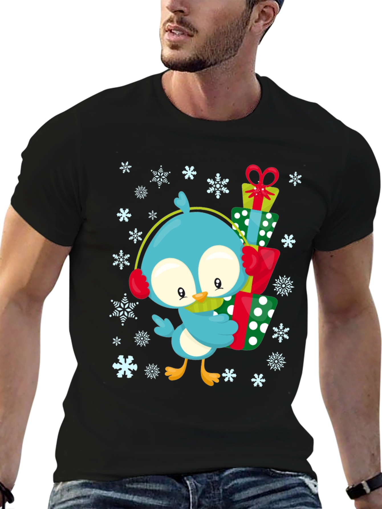 Black Festive Bird Gift T-Shirt - Holiday Cheer view 6
