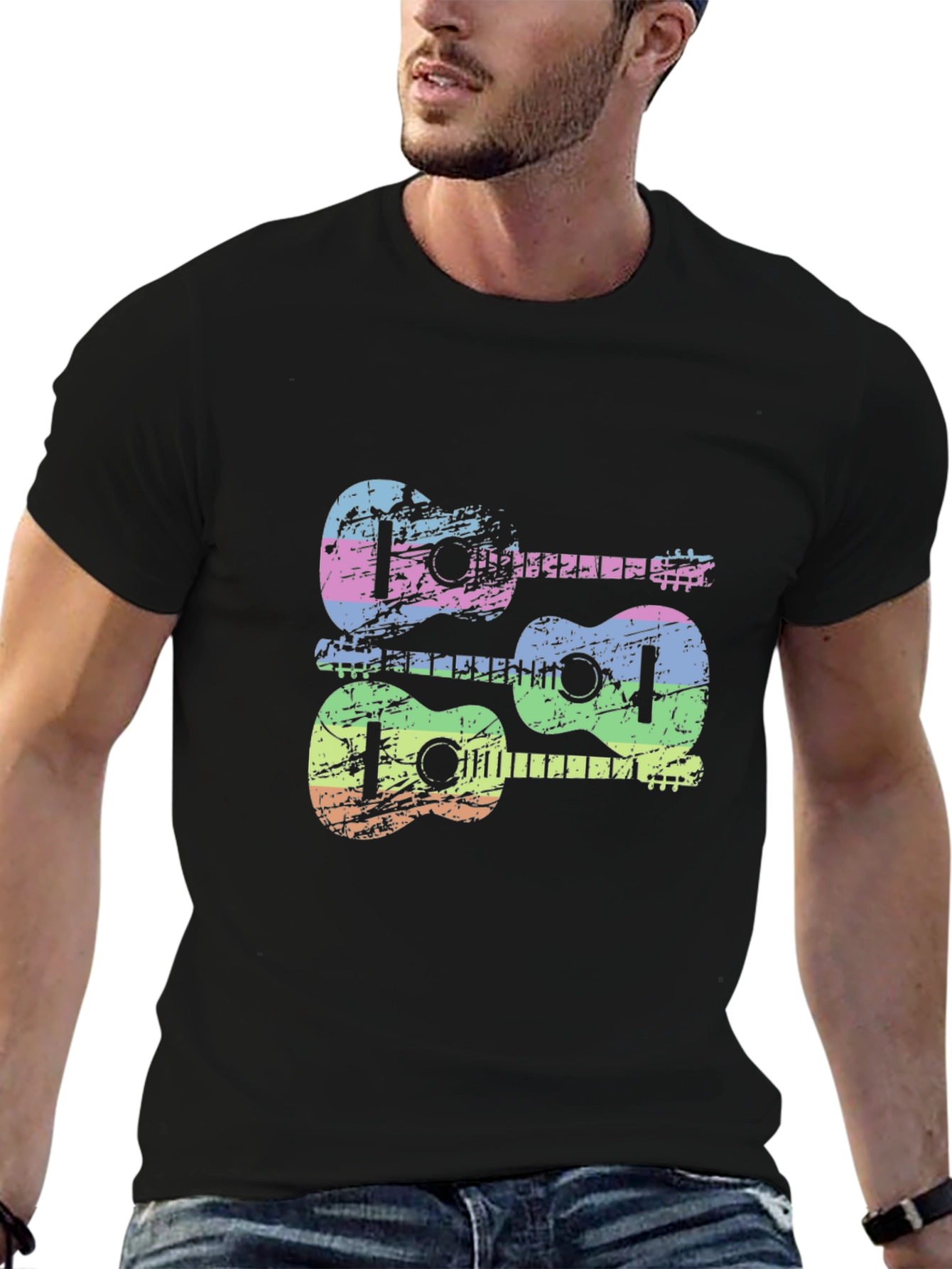 Black Rainbow Guitar Graphic Tee - Black Cotton Shirt view 6