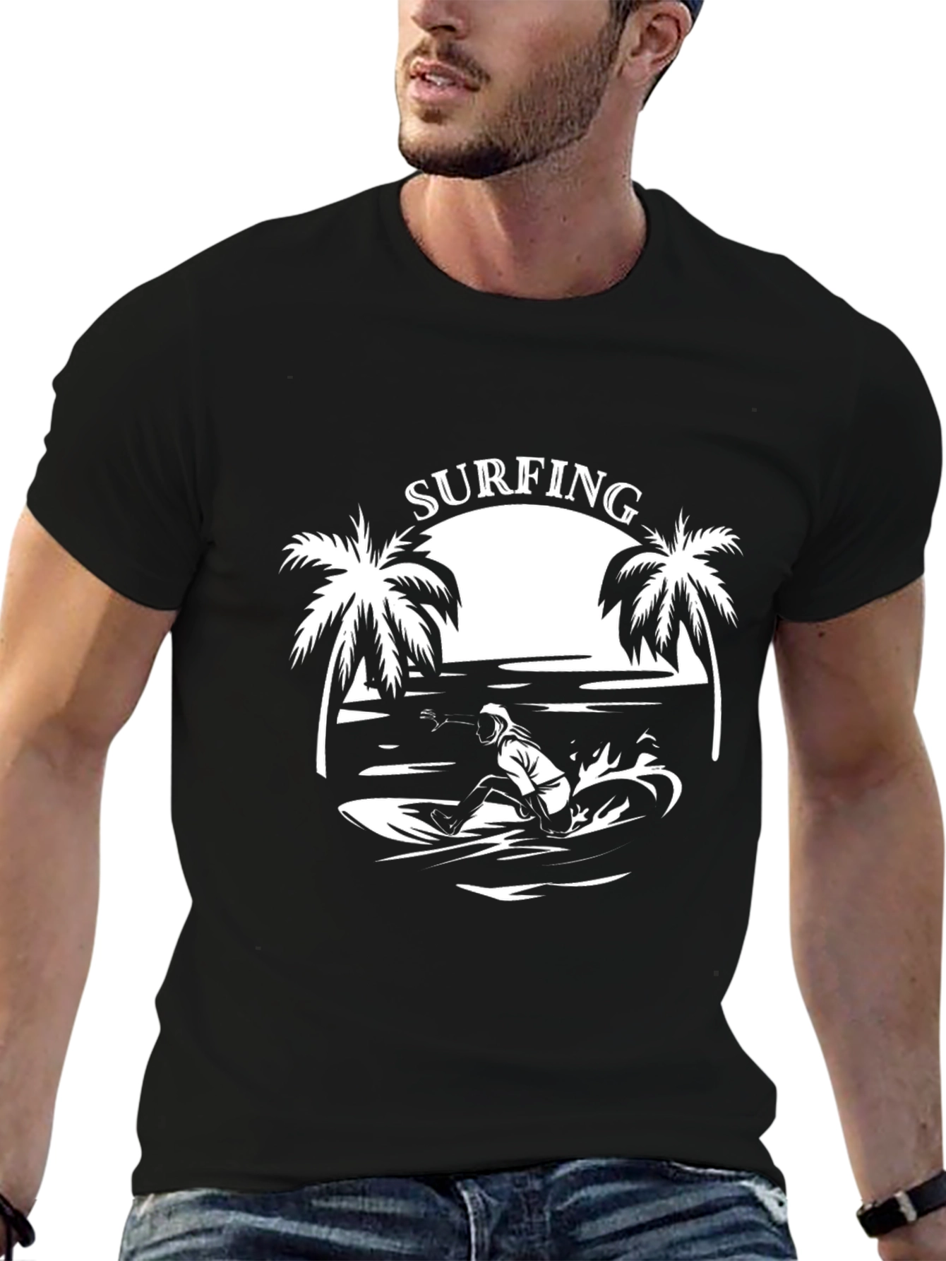 Black Surfing Graphic Tee - Black Cotton T-Shirt view 6