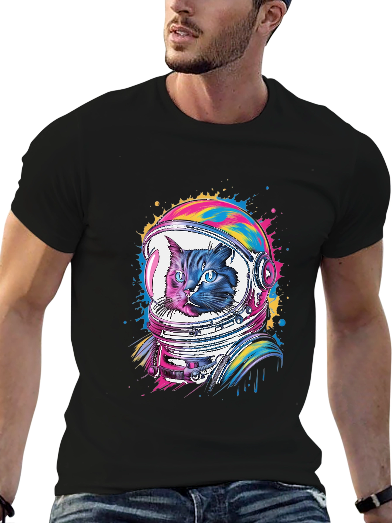 Black Cat Astronaut Graphic Tee - Unisex Black T-Shirt view 6