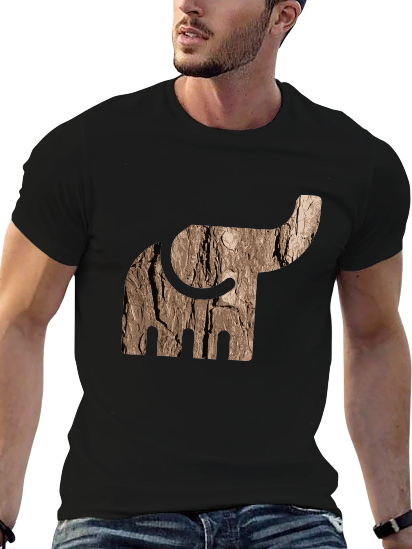 Black Abstract Elephant Tree Bark Print Black T-Shirt view 6
