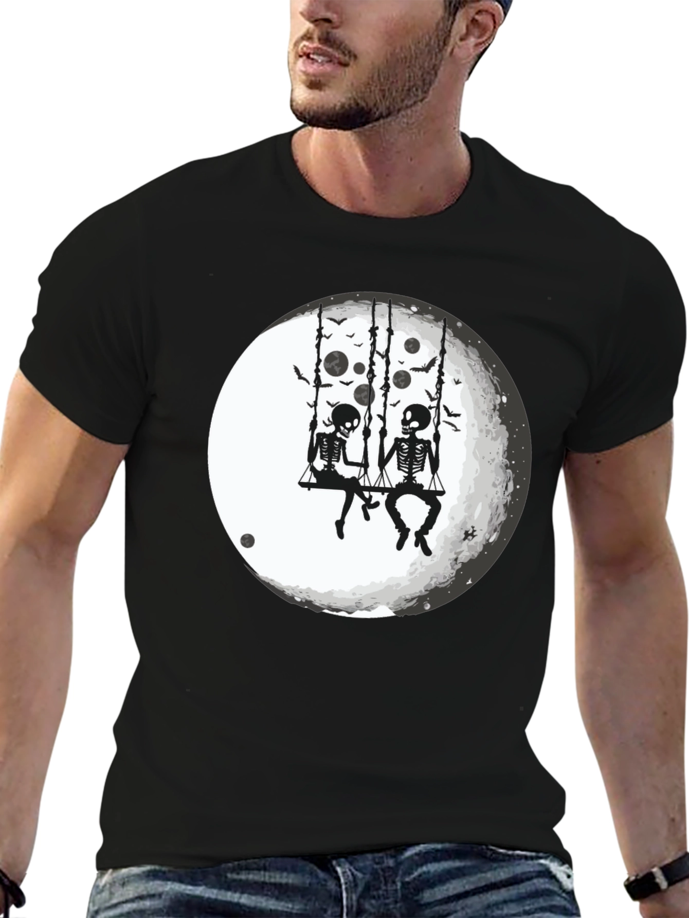 Black Skeleton Moon Swing Graphic T-Shirt view 6