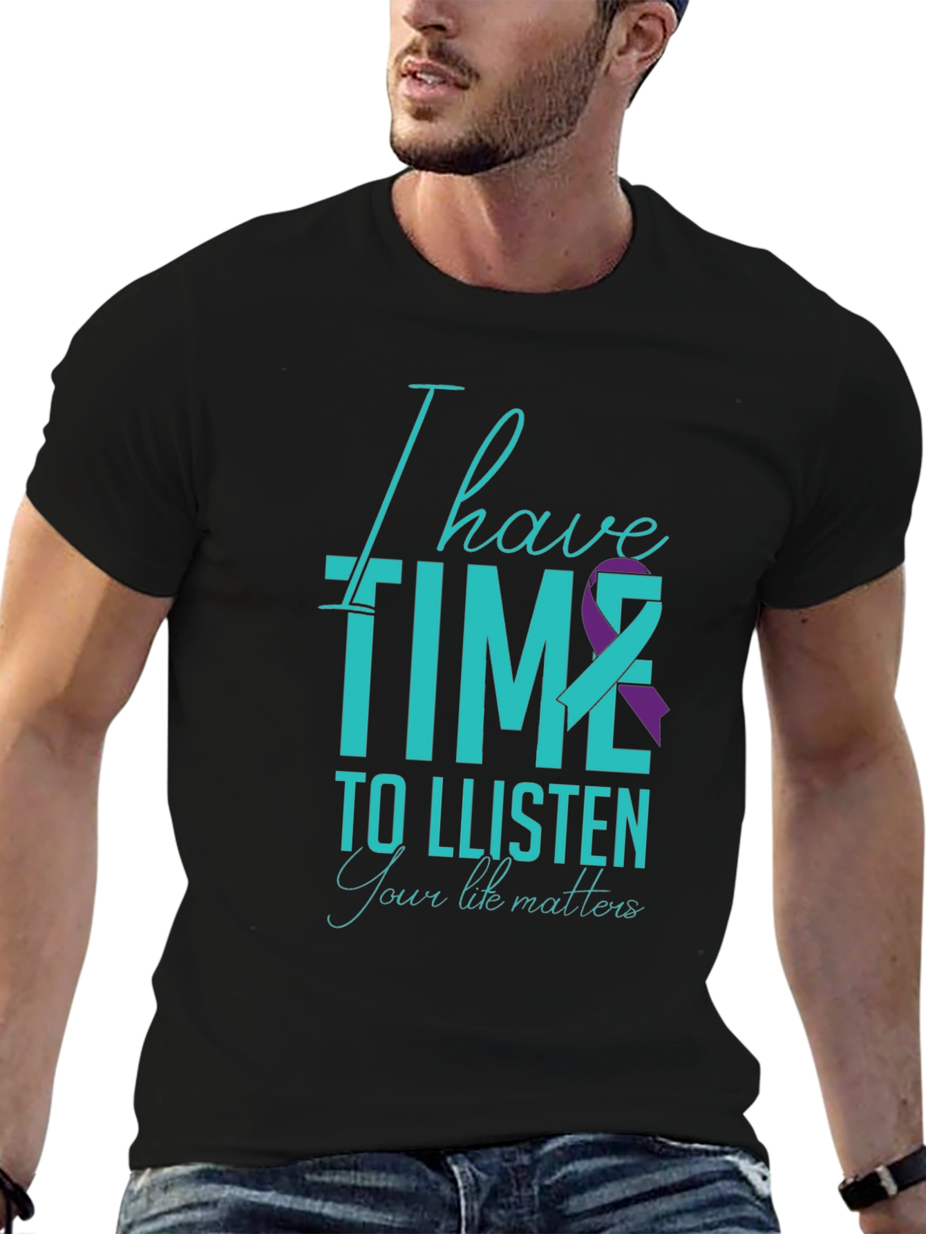 Black I Have Time to Listen T-Shirt - Teal & Purple Ribbon Design view 6