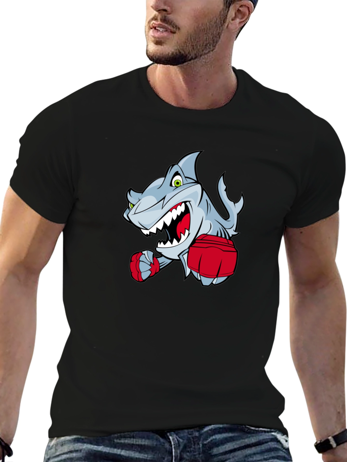 Black Cartoon Shark Boxer Graphic T-Shirt view 6