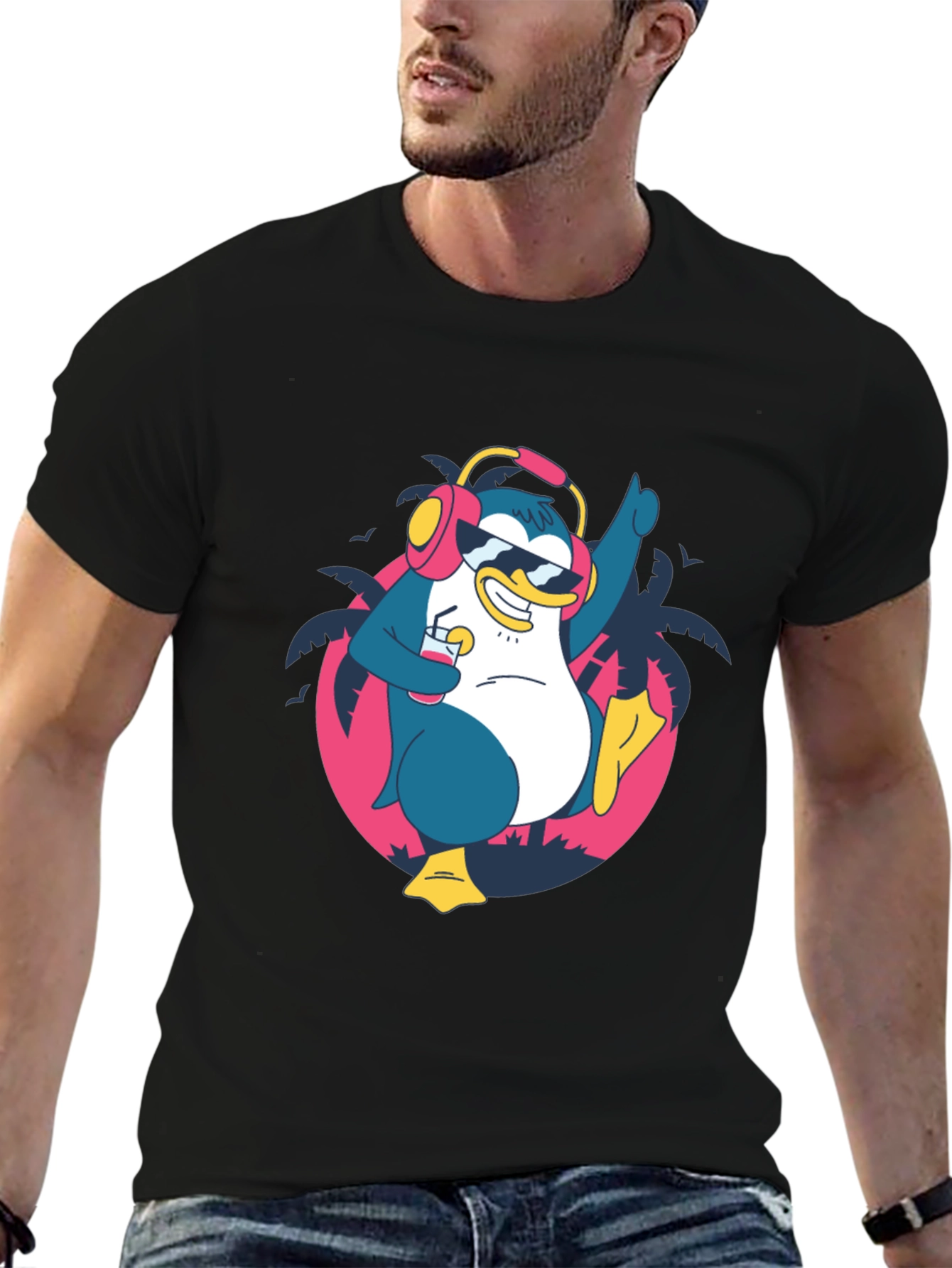 Black Cool Penguin Graphic Tee - Black Cotton Shirt view 6