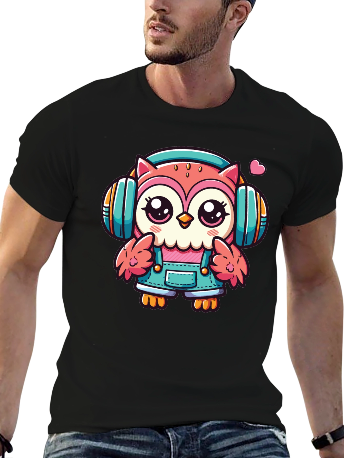 Black Owl DJ T-Shirt: Cute Cartoon Animal Tee view 6