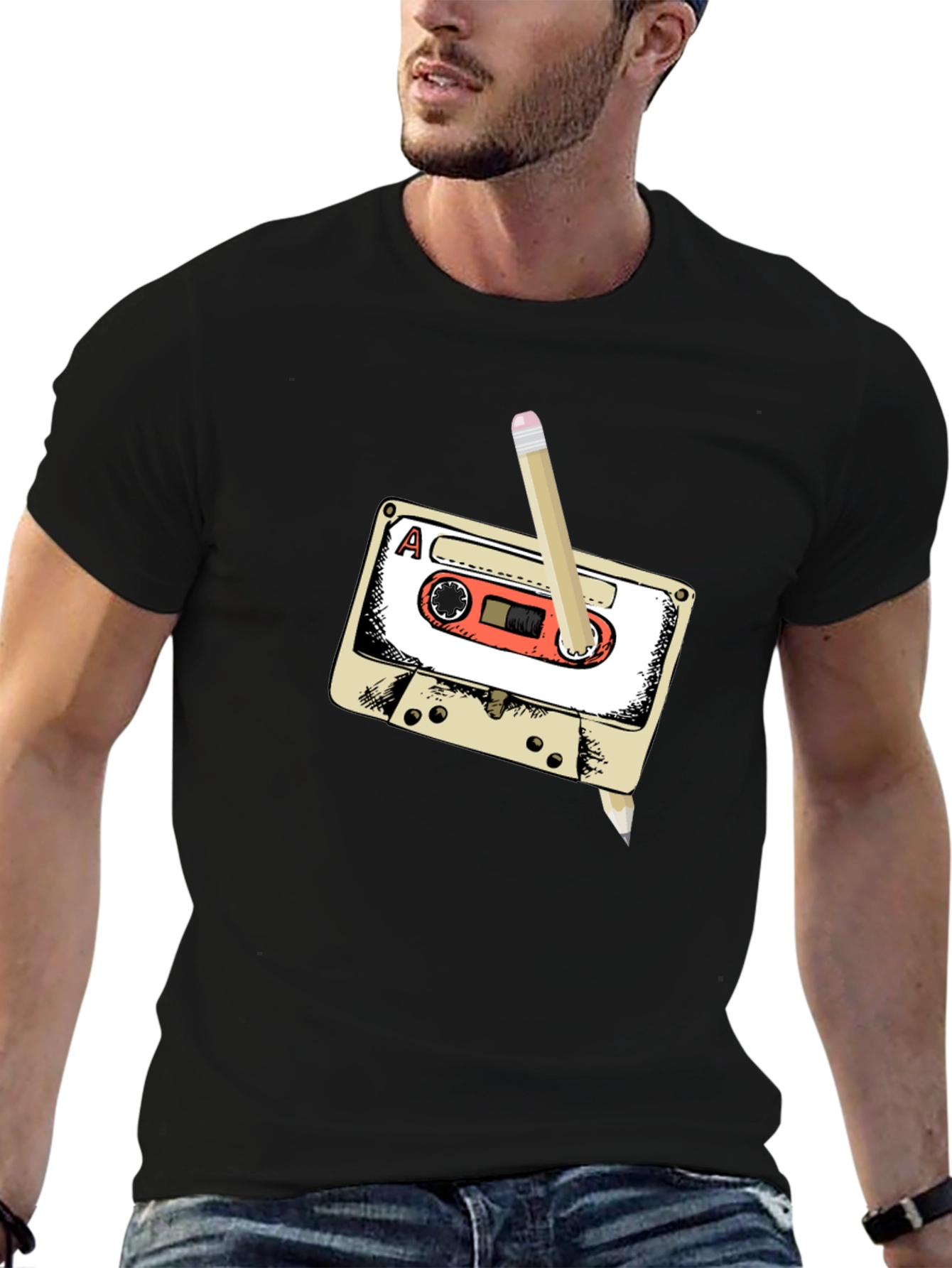 Black Retro Cassette Tape & Pencil T-Shirt view 6