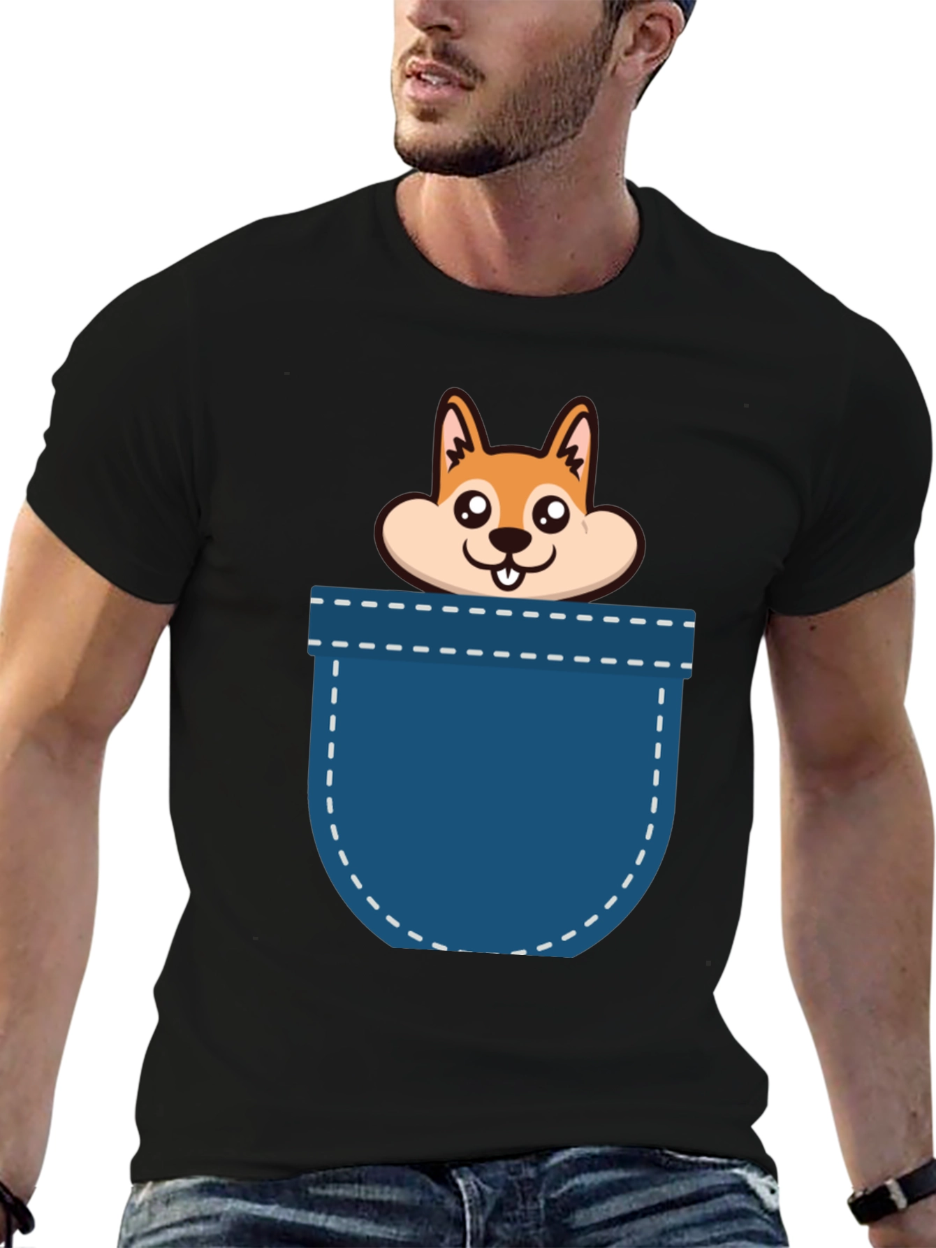 Black Cute Pocket Dog Graphic T-Shirt view 6