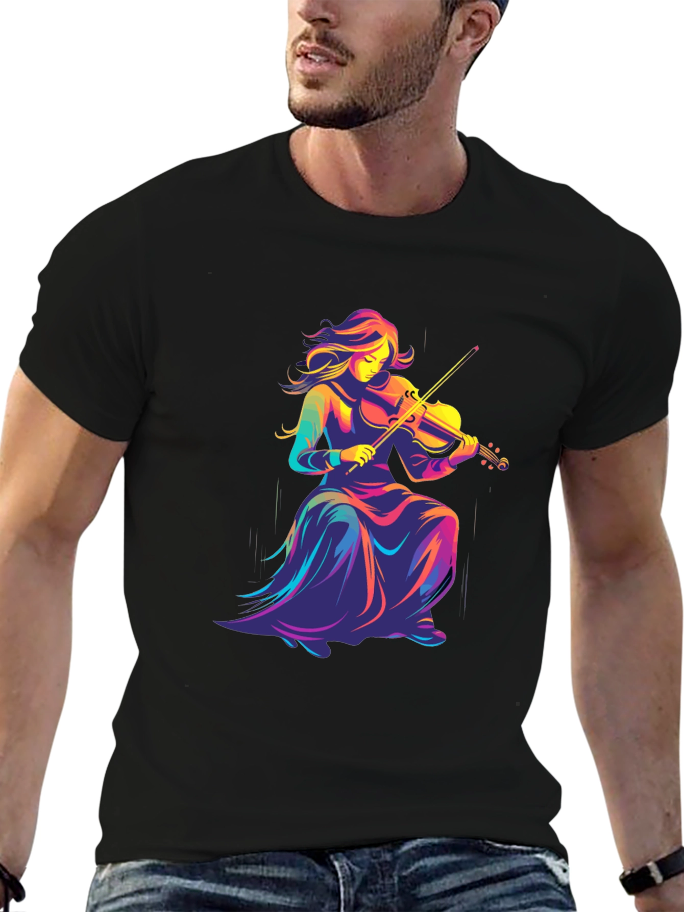 Black Vibrant Violinist Graphic Tee - Black Cotton Comfort view 6