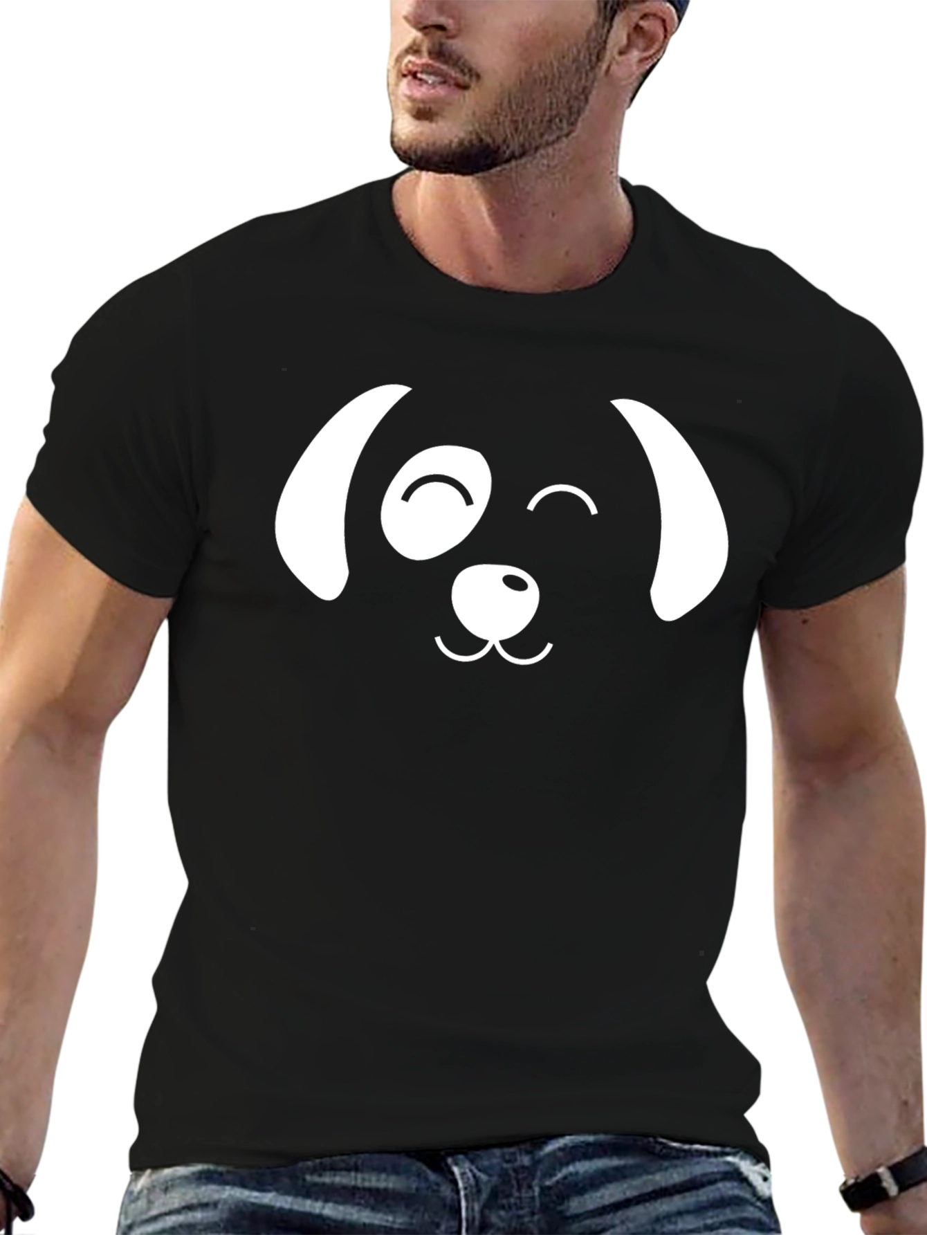 Black Dog Face Graphic T-Shirt - Black, Casual Cotton Tee view 6