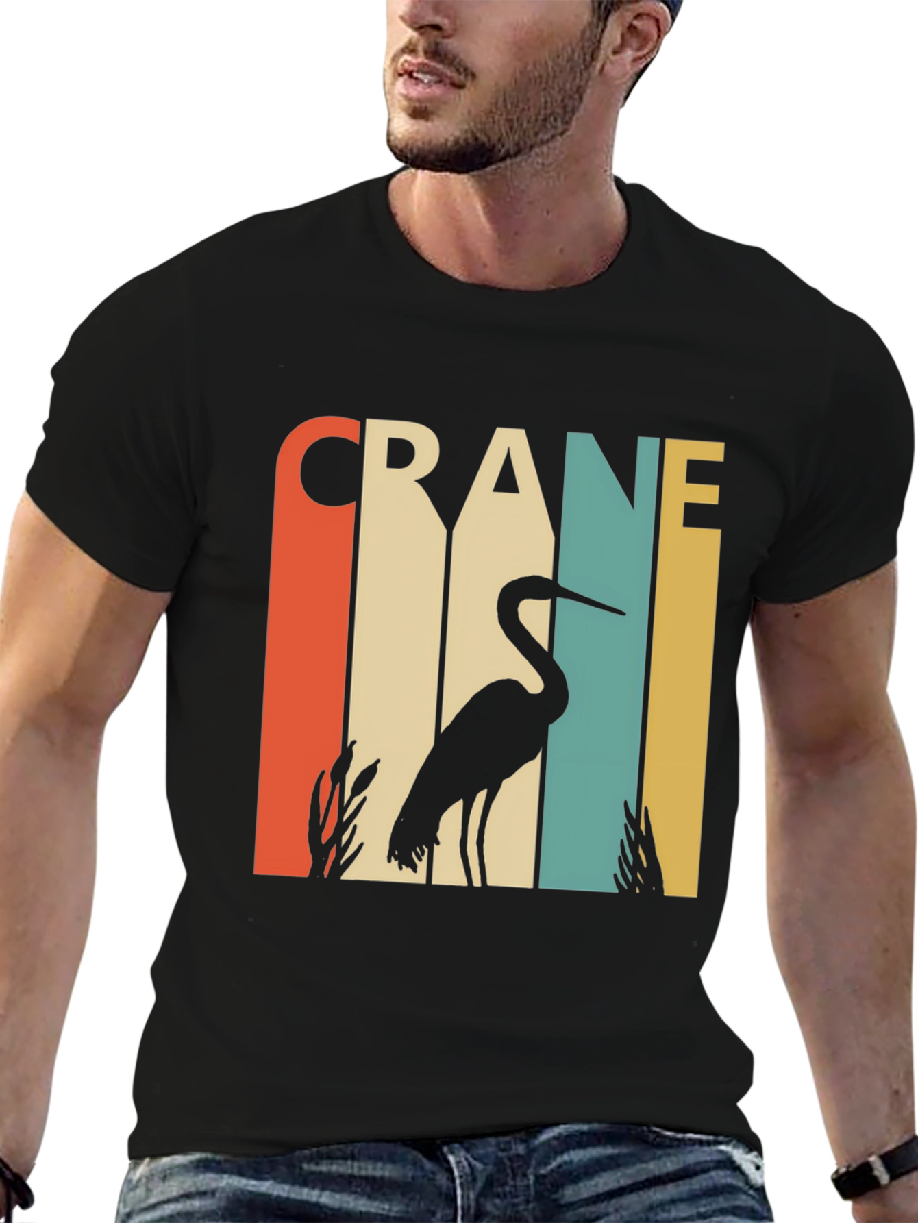 Black Vintage Crane Bird T-Shirt - Retro Design view 6