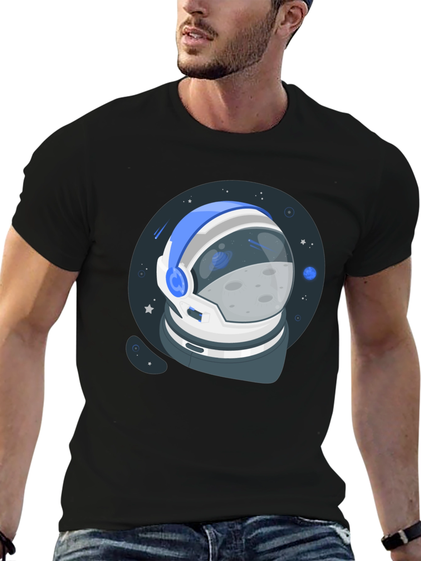 Black Astronaut Helmet Graphic Black T-Shirt view 6