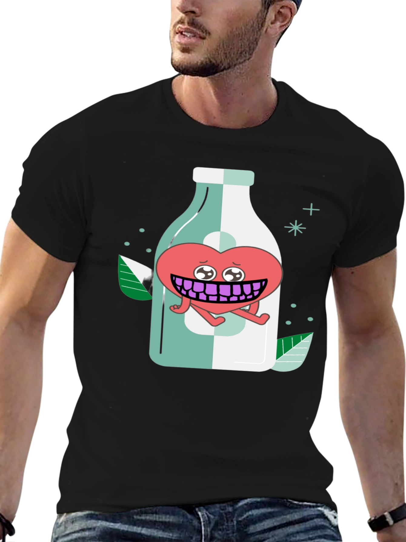 Black Cartoon Heart in a Bottle Black T-Shirt view 6