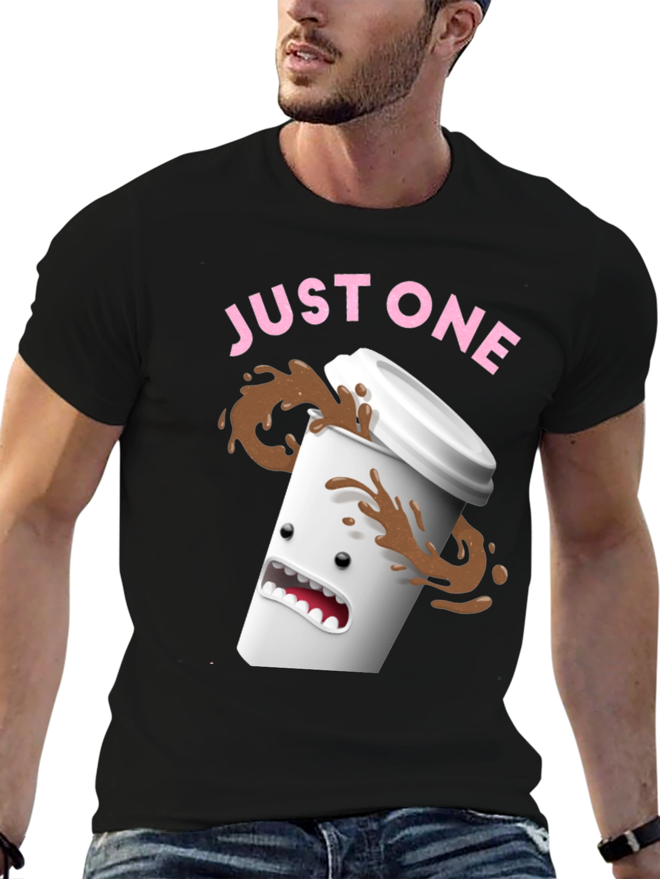 Black Just One Coffee T-Shirt - Funny Spilled Coffee Graphic Tee view 6
