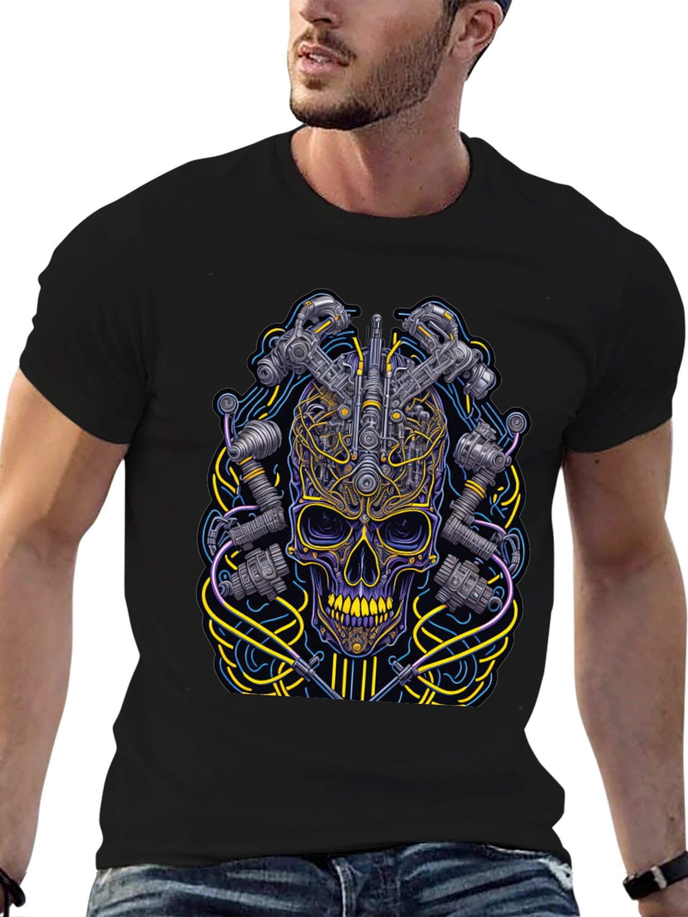 Black Cyberpunk Skull Graphic T-Shirt view 6