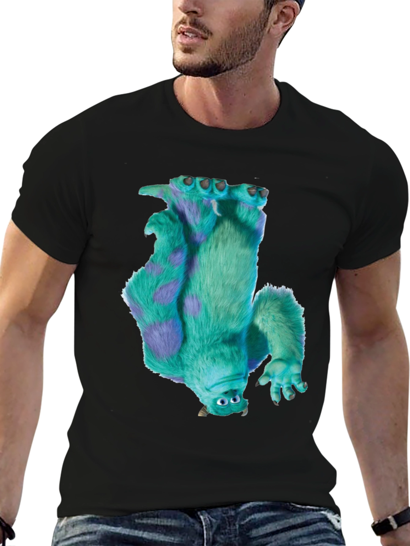 Black Monster Tee - Upside Down Fuzzy Monster Graphic Black T-Shirt view 6