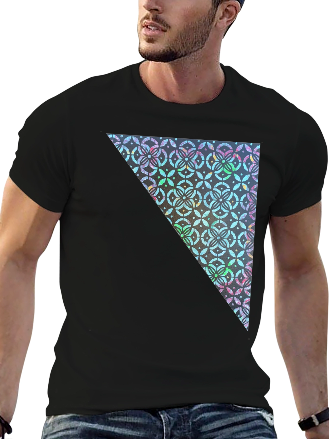 Black Geometric Triangle Print Crew Neck Tee view 6