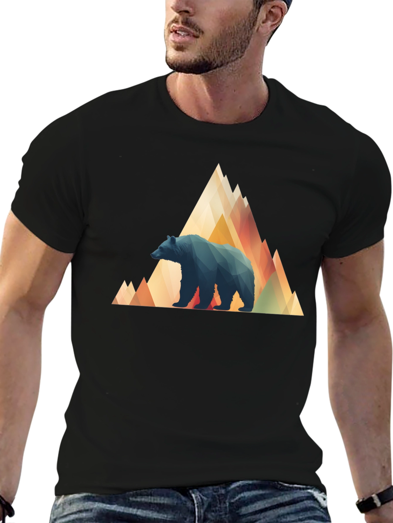 Black Geometric Bear Mountain Tee - Stylish Black T-Shirt view 6