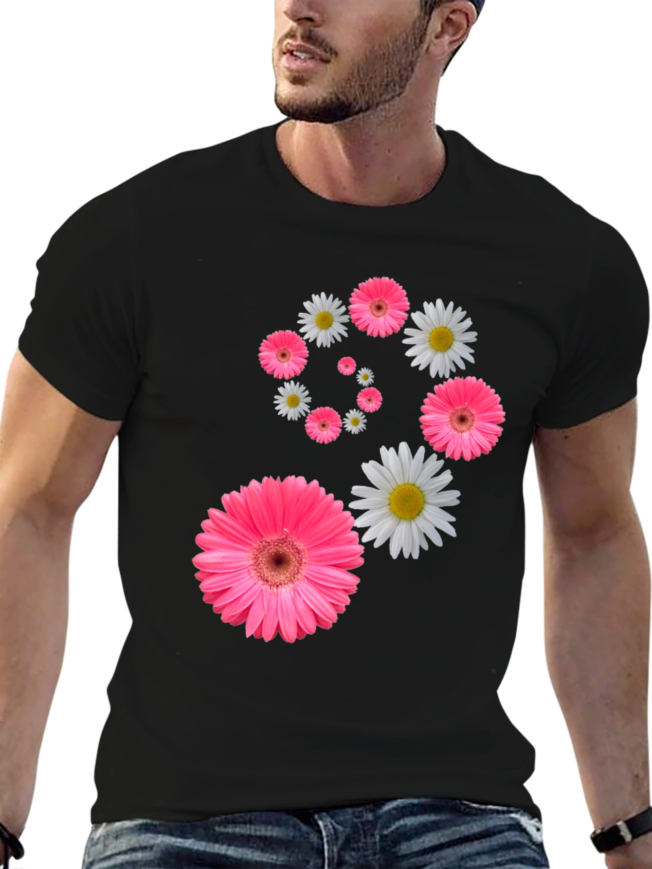 Black Floral Swirl T-Shirt - Pink Daisy Design view 6